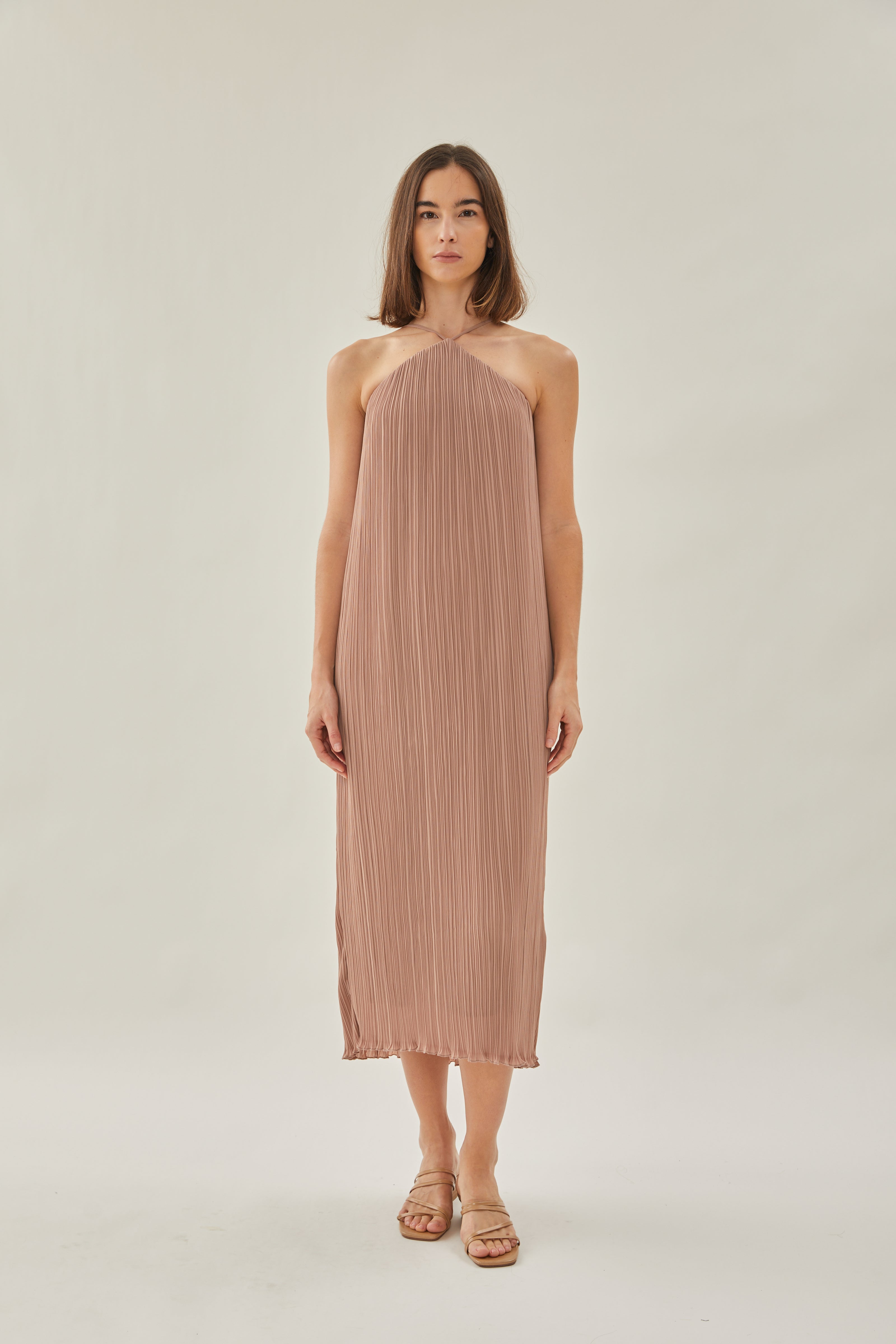 Halter Pleated Maxi Dress in Muted Rose