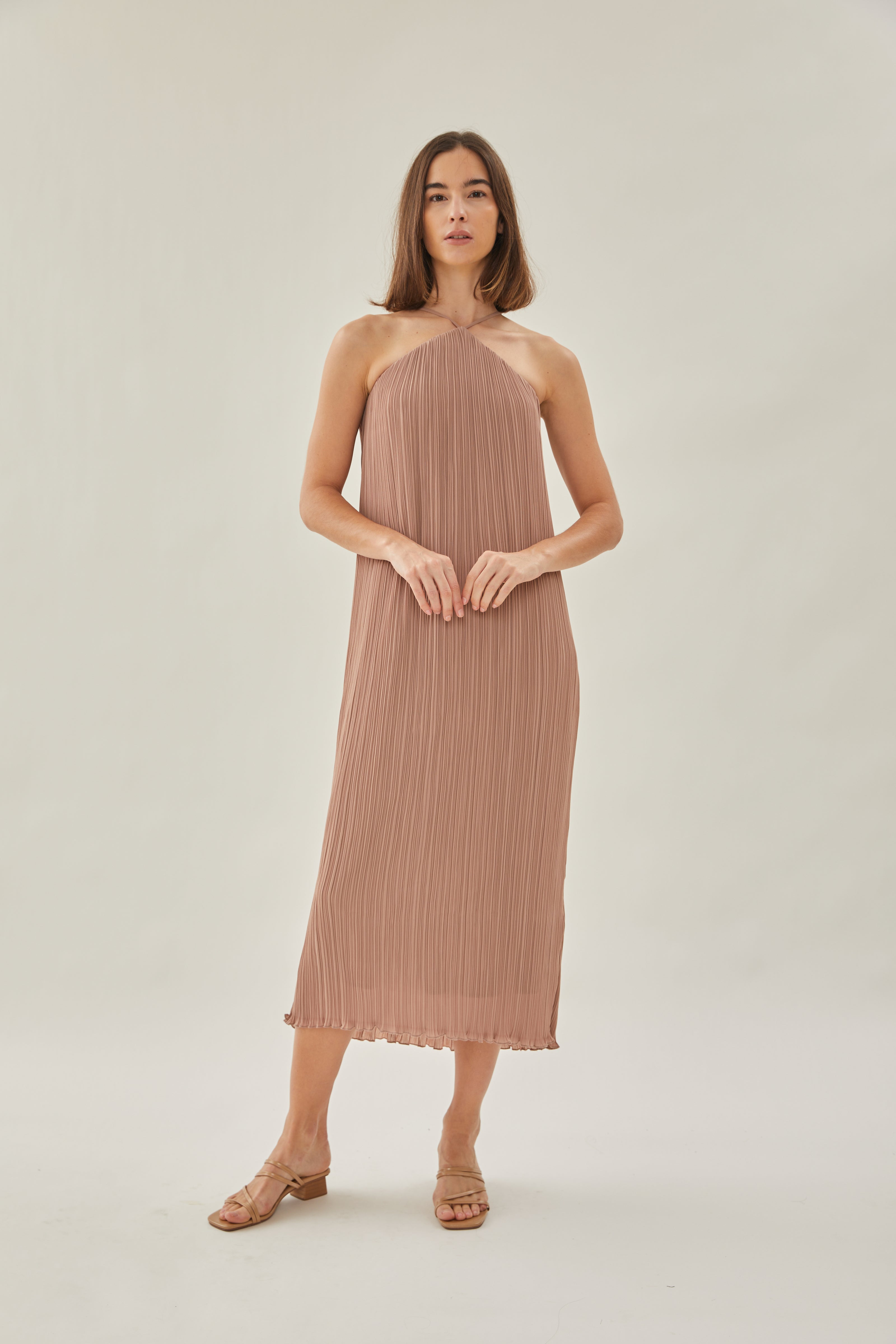 Halter Pleated Maxi Dress in Muted Rose