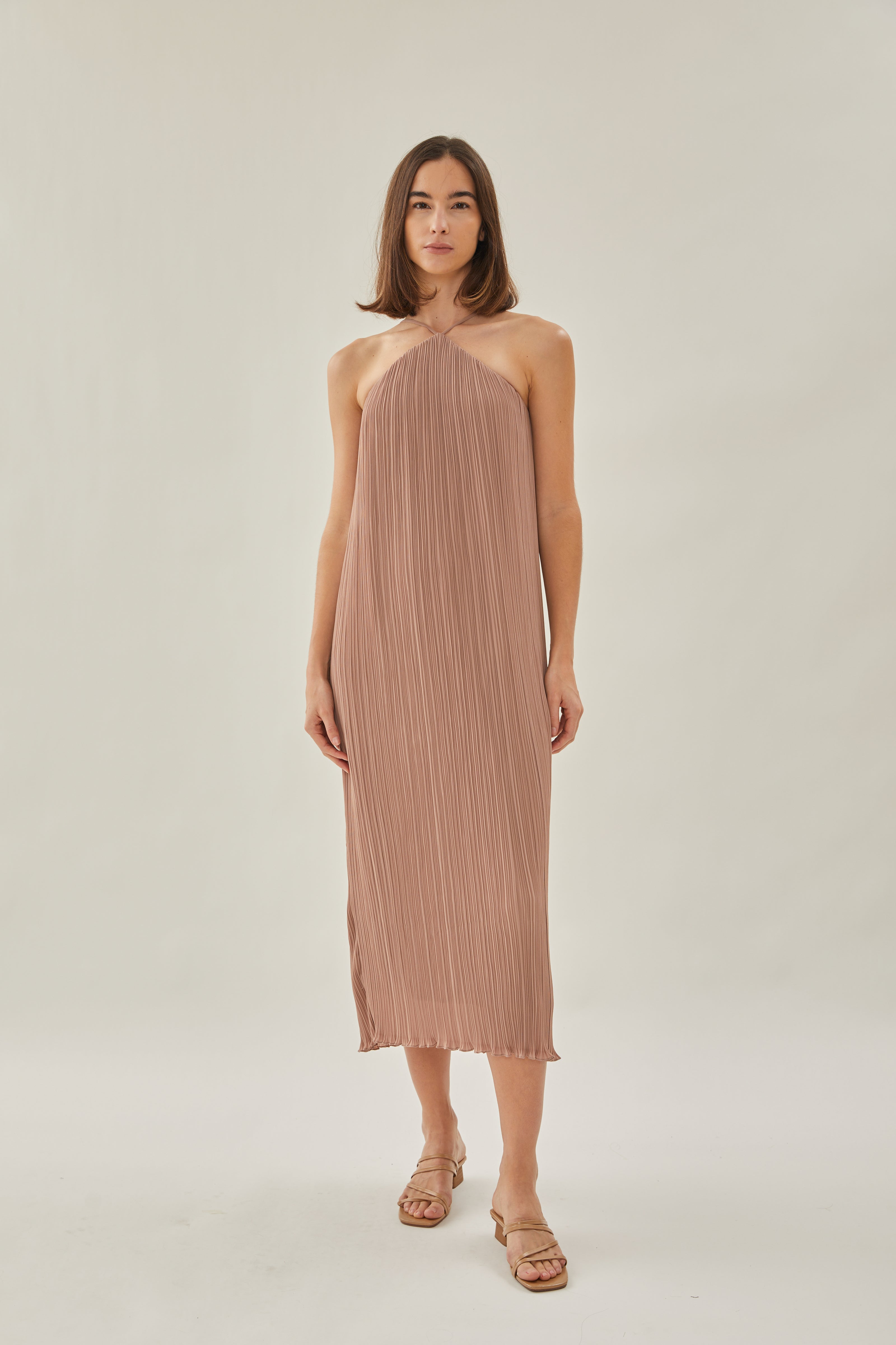 Halter Pleated Maxi Dress in Muted Rose