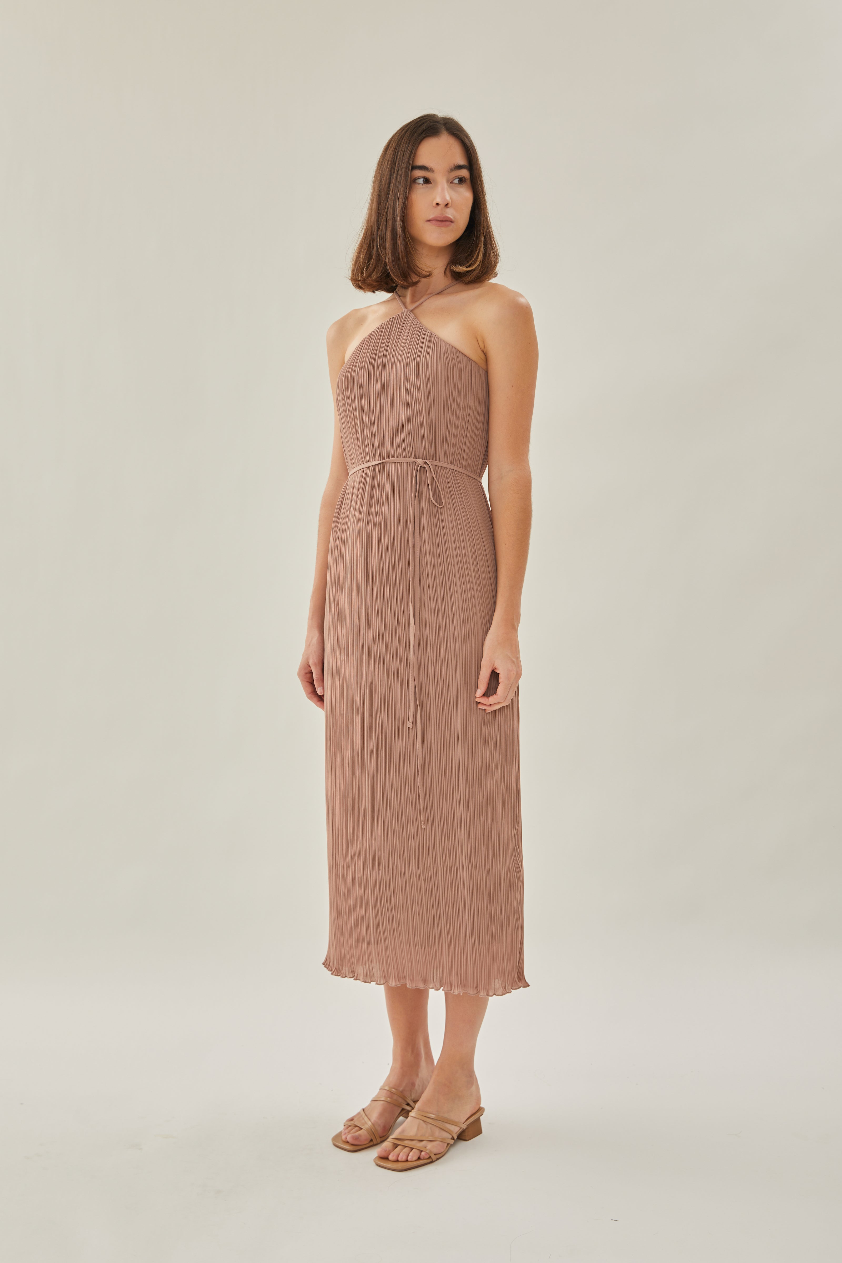 Halter Pleated Maxi Dress in Muted Rose