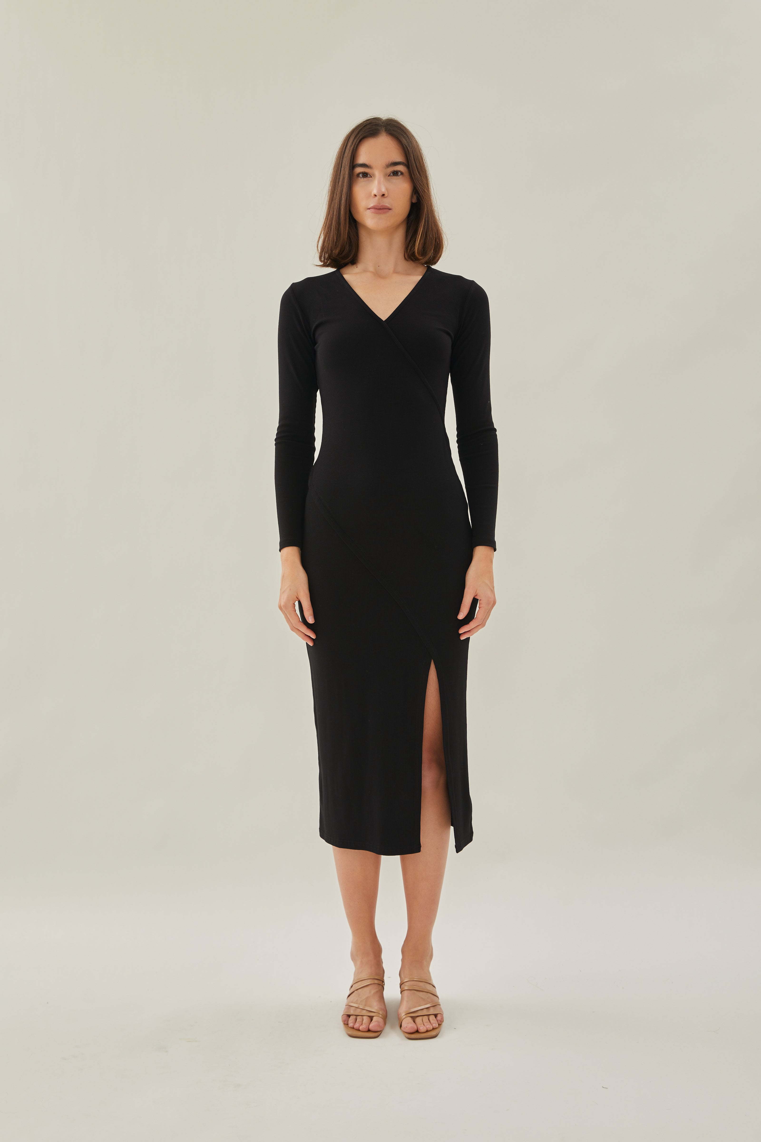 Knit Midi Dress with Slit in Black