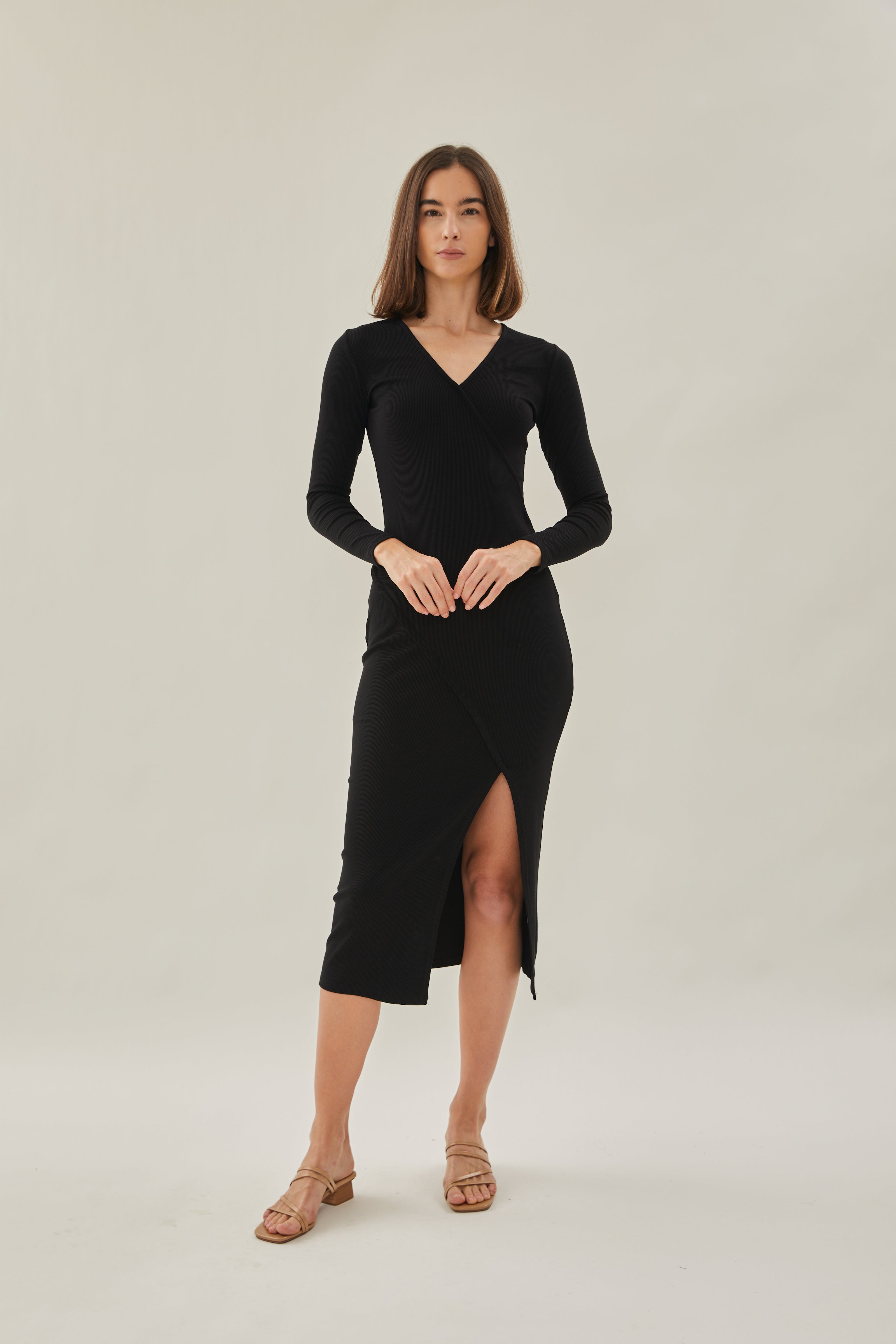 Knit Midi Dress with Slit in Black