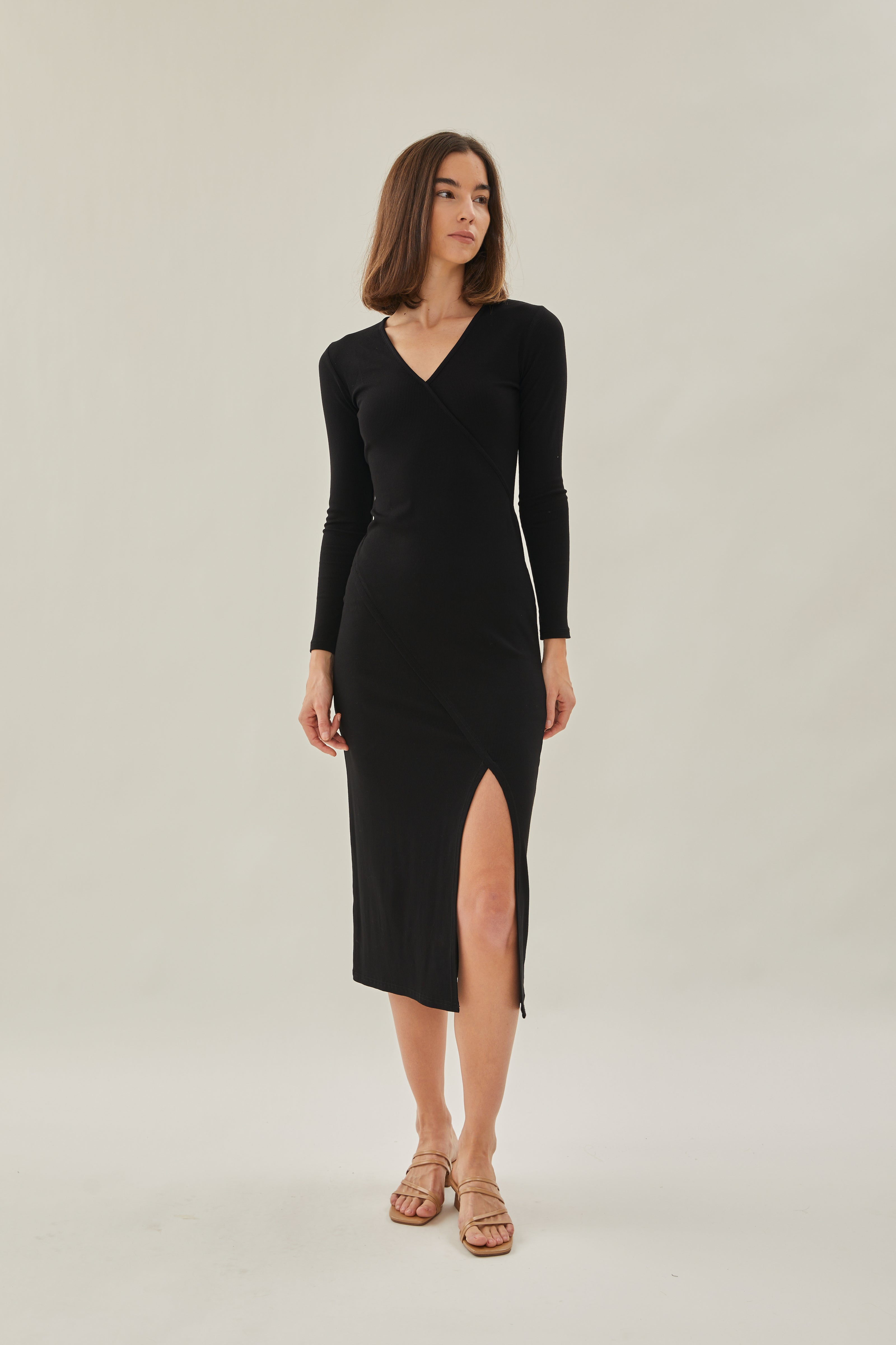 Knit Midi Dress with Slit in Black
