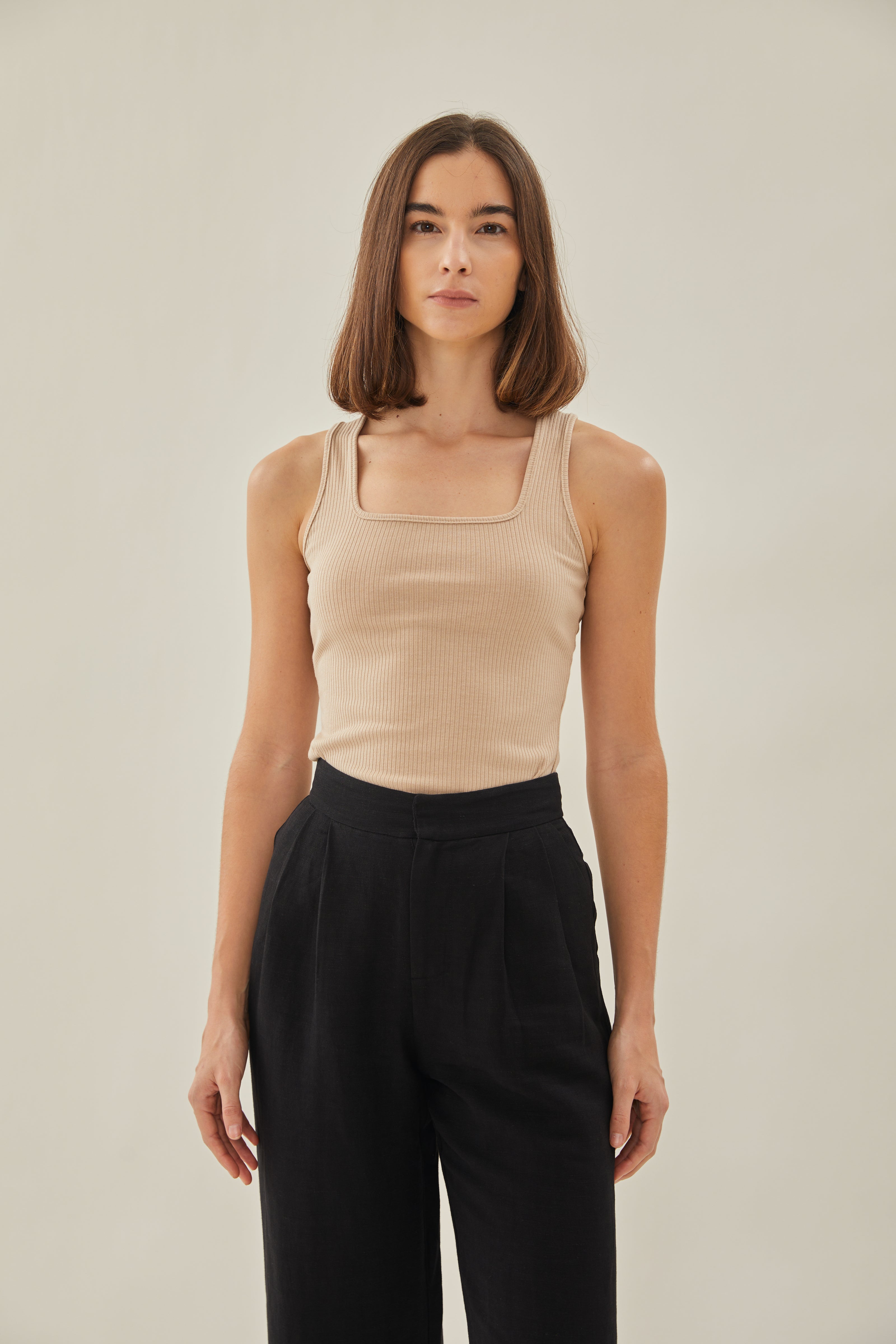 Square Neck Tank Top In Beige