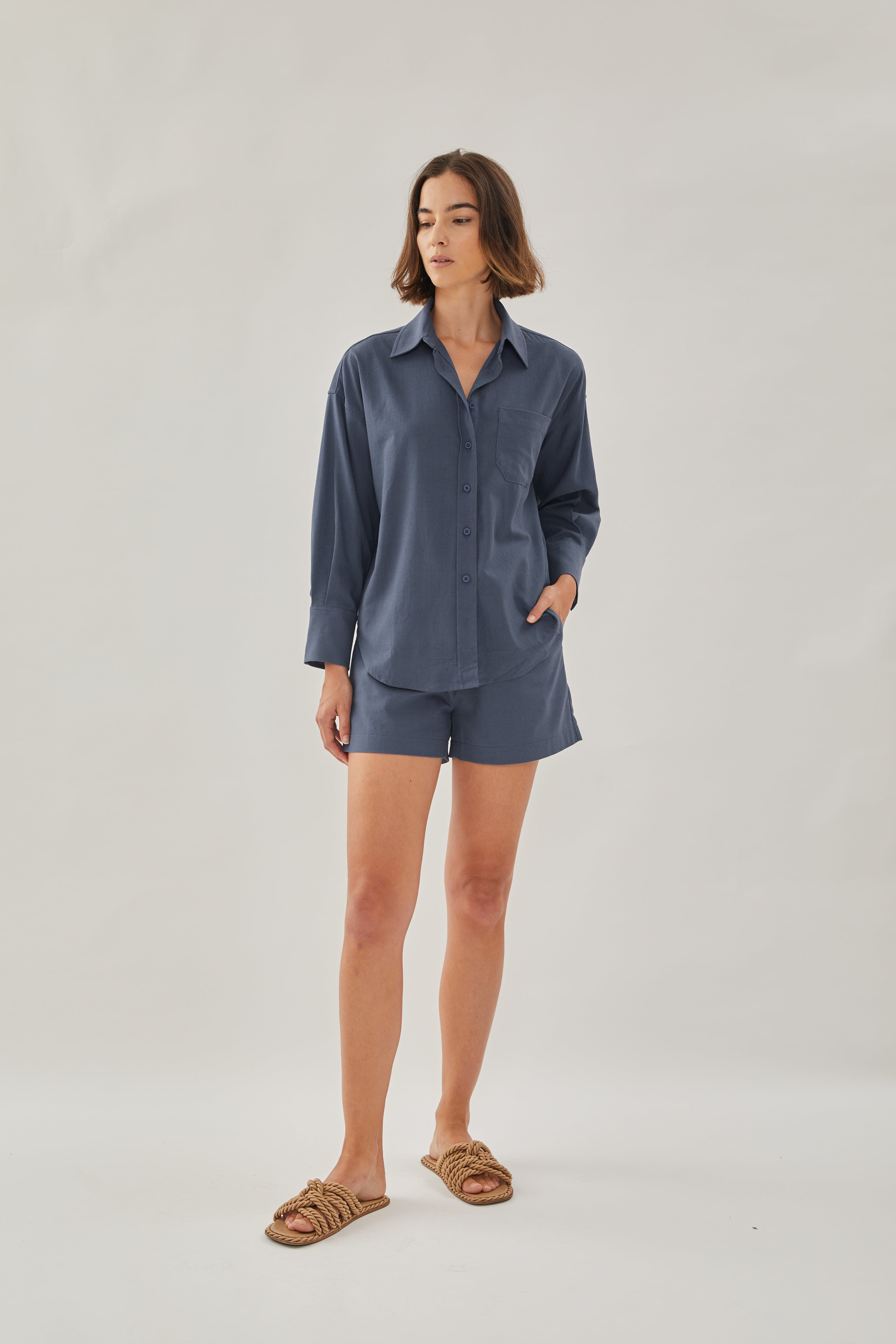 Classic Linen Shirt in Stone Blue