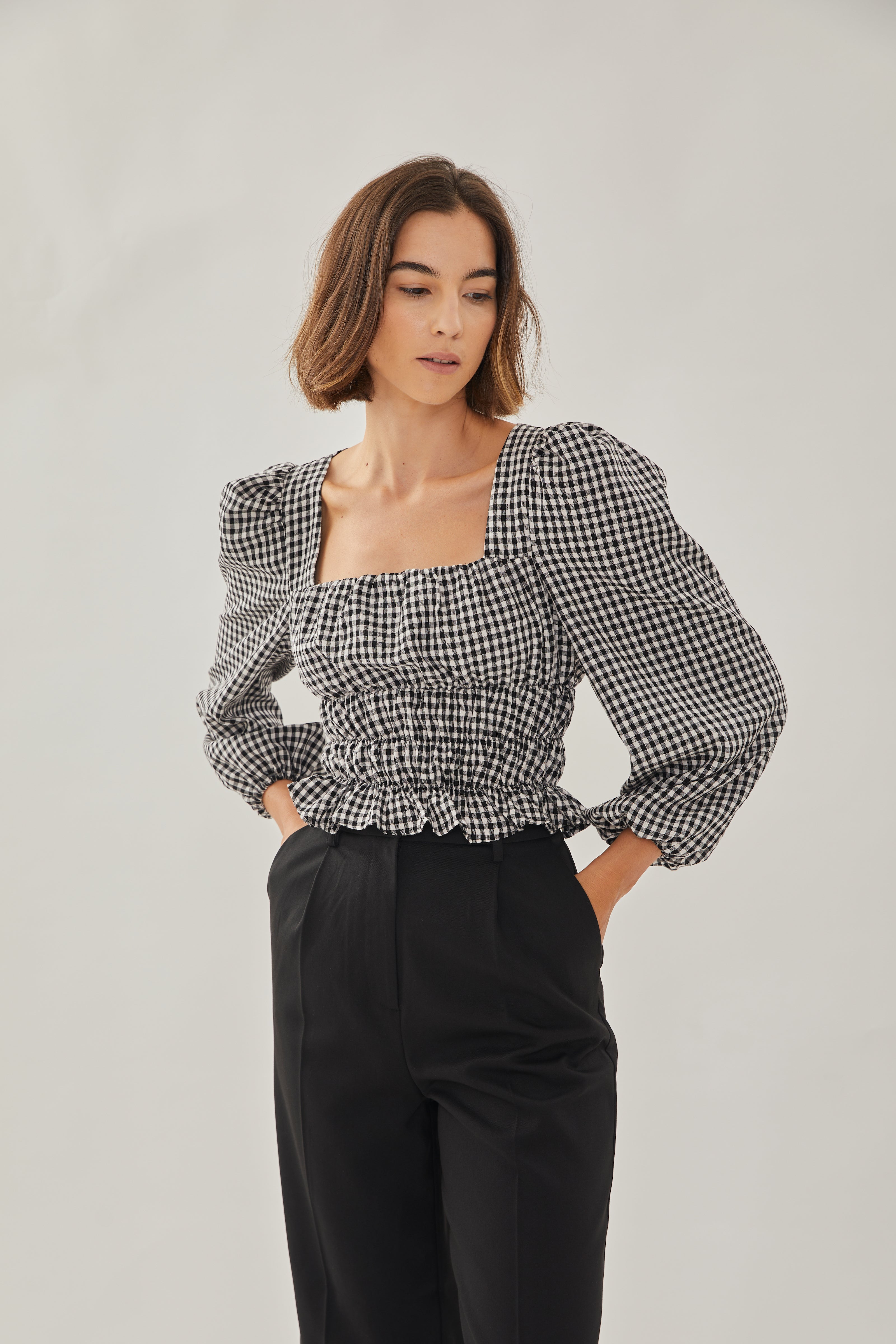 Sleeved Ruffle Top in Gingham Black