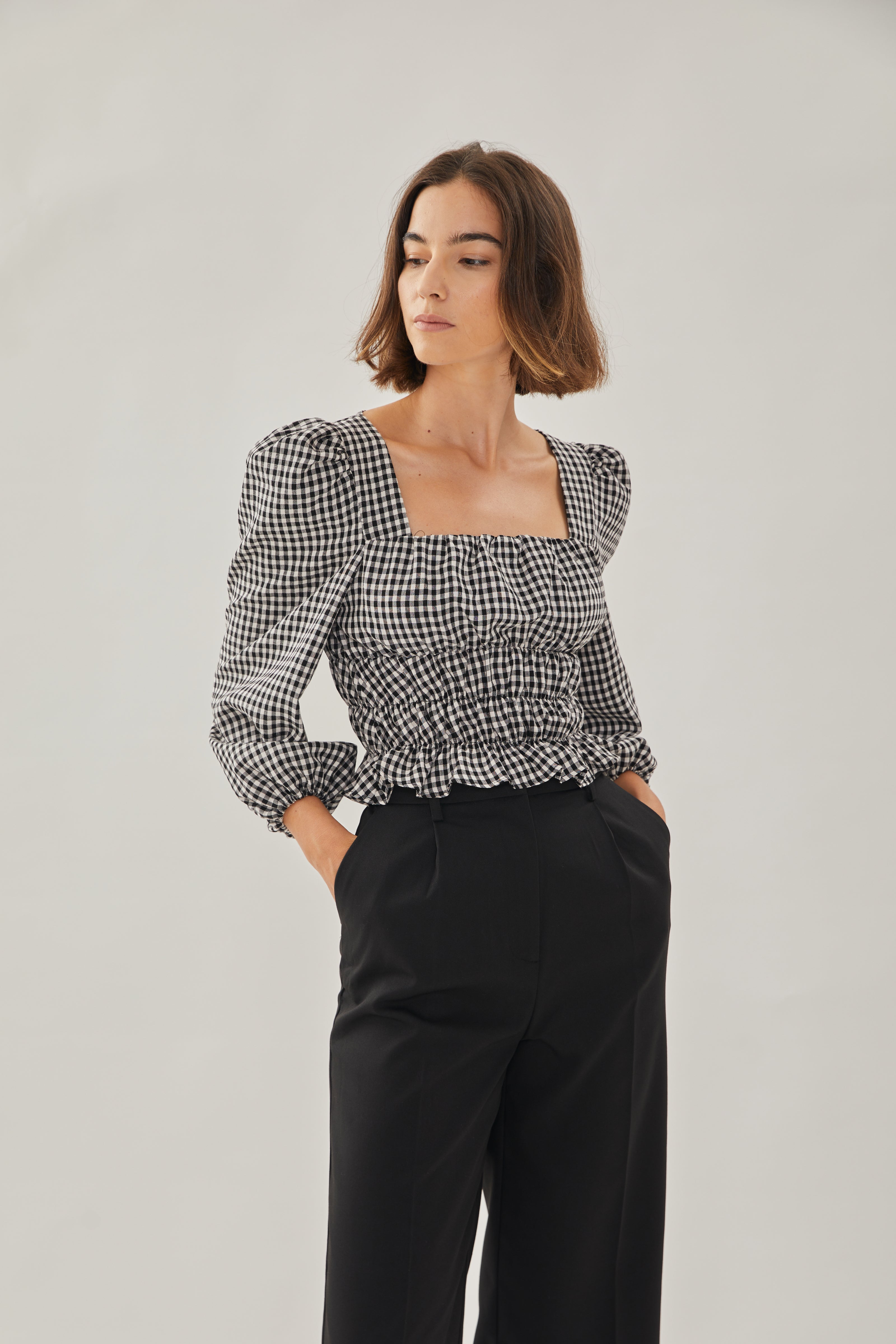 Sleeved Ruffle Top in Gingham Black