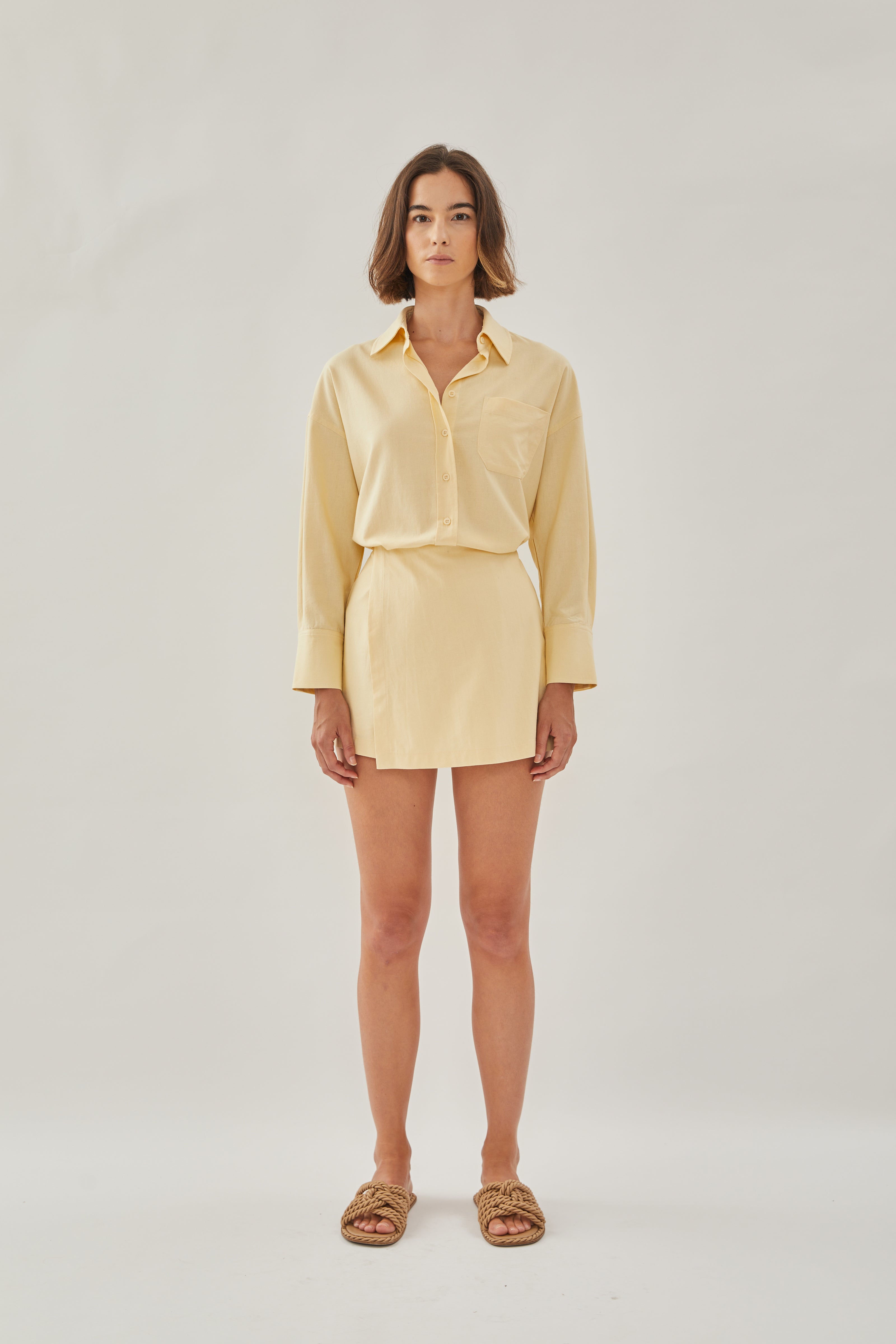 Linen Wrap Skorts in Soft Yellow