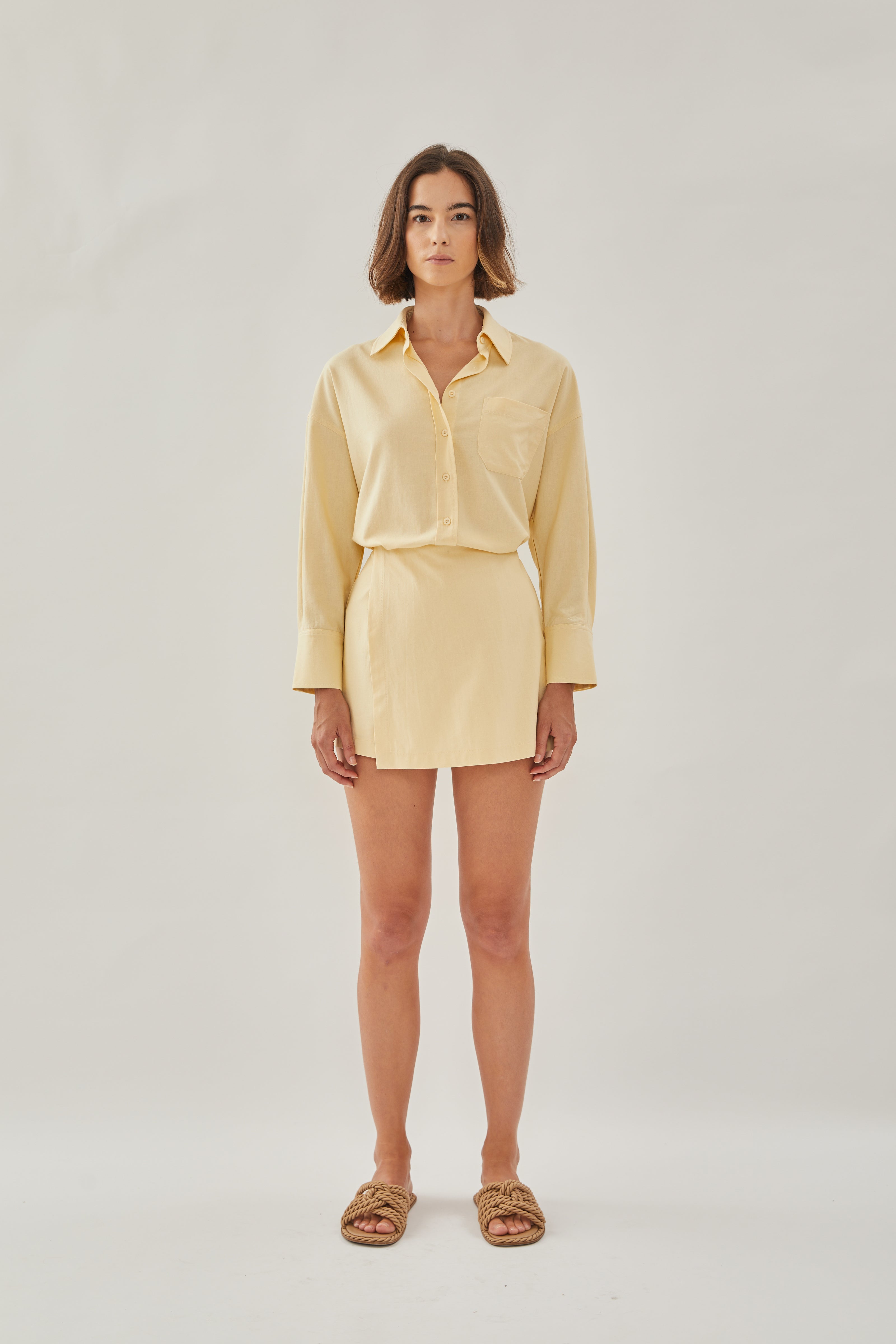 Linen Wrap Skort in Soft Yellow