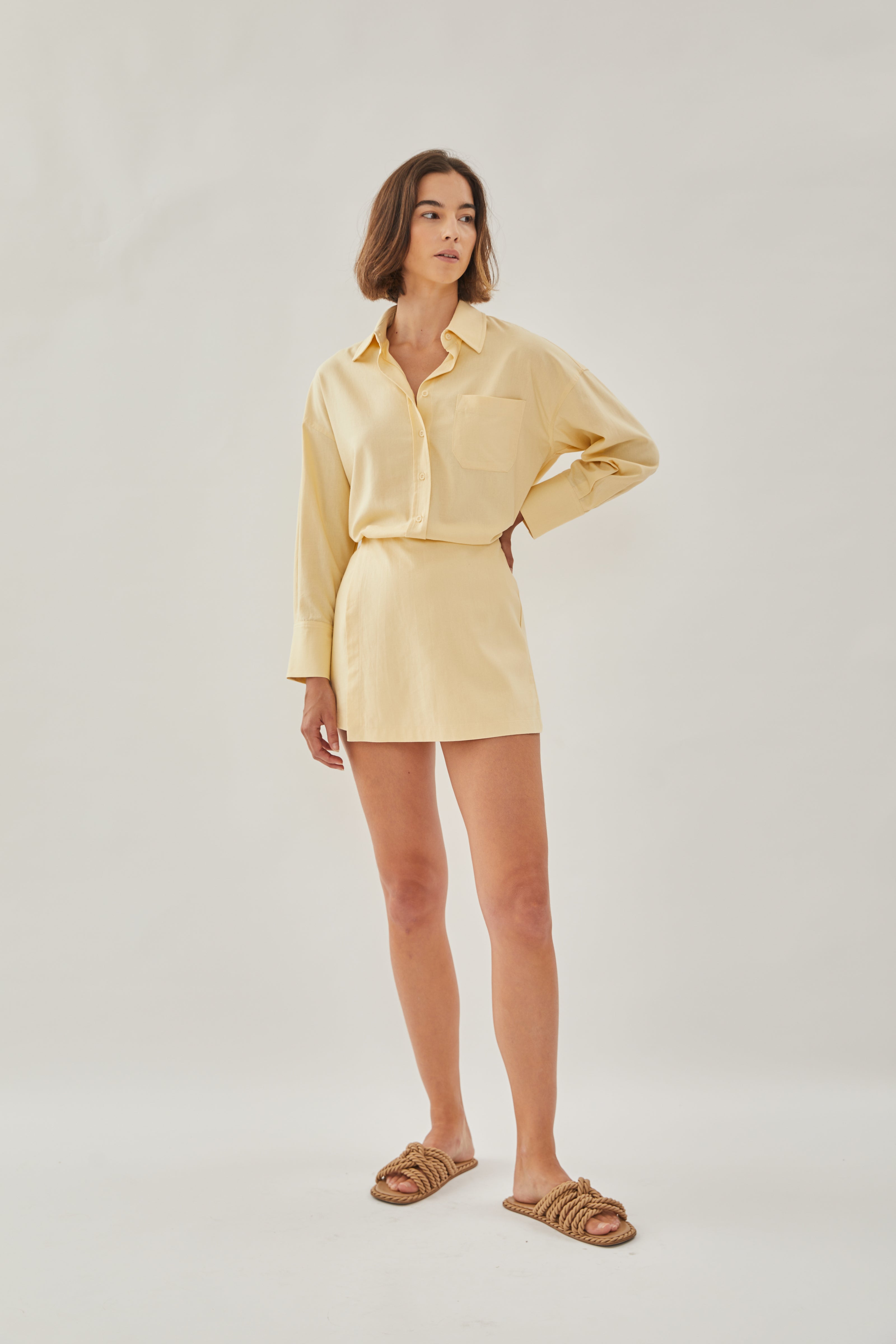 Linen Wrap Skorts in Soft Yellow