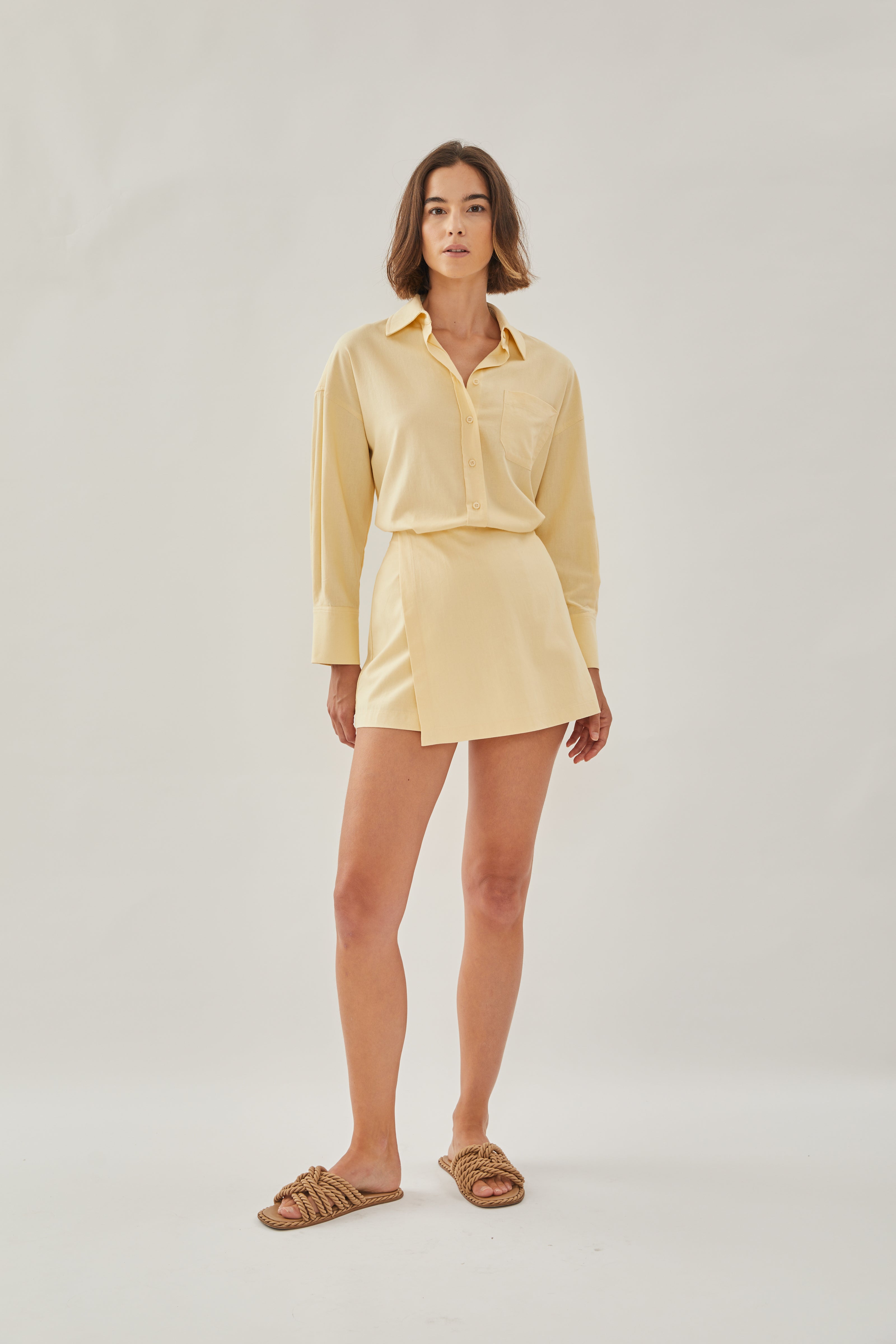 Linen Wrap Skorts in Soft Yellow