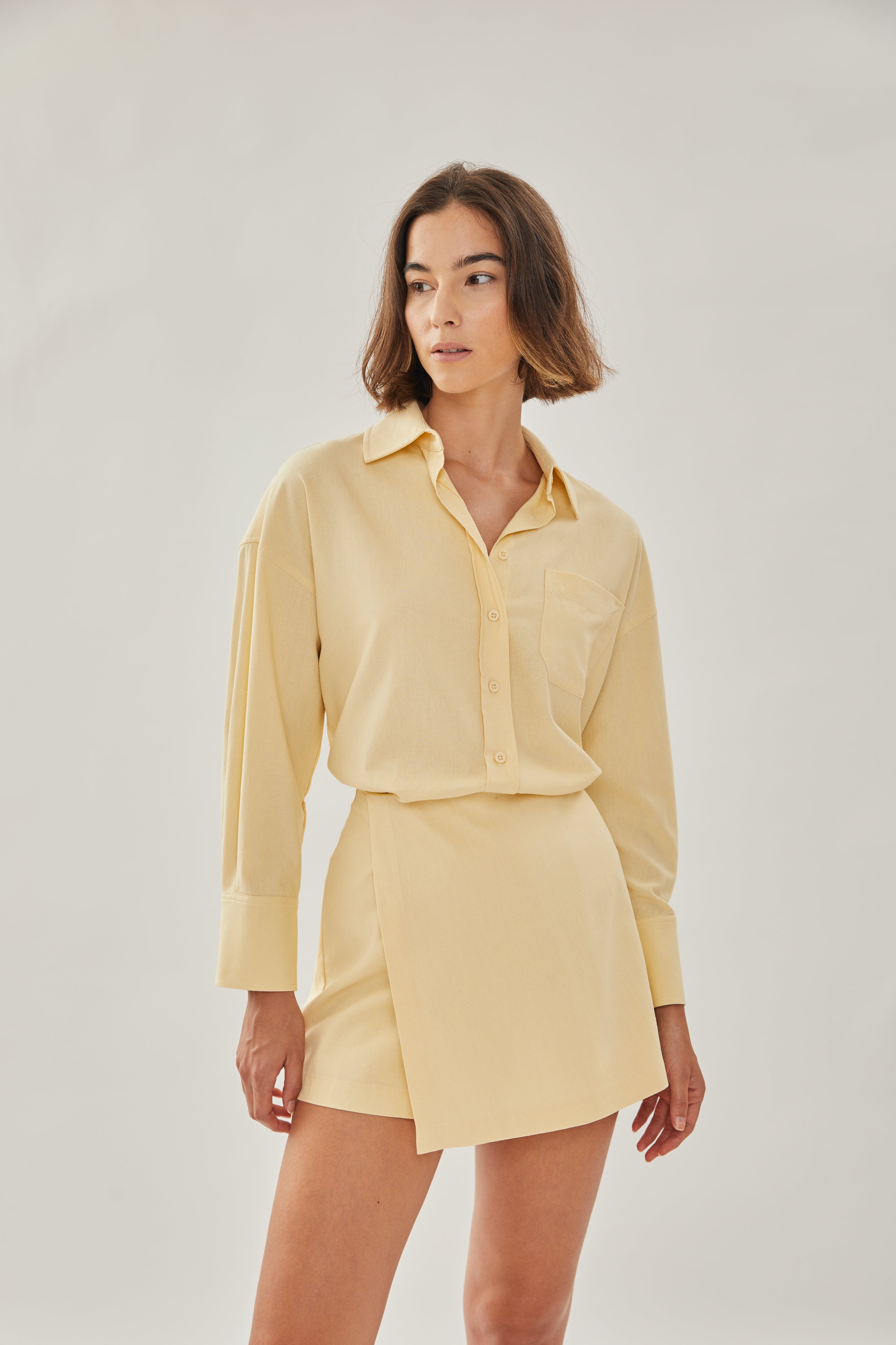 Linen Wrap Skorts in Soft Yellow