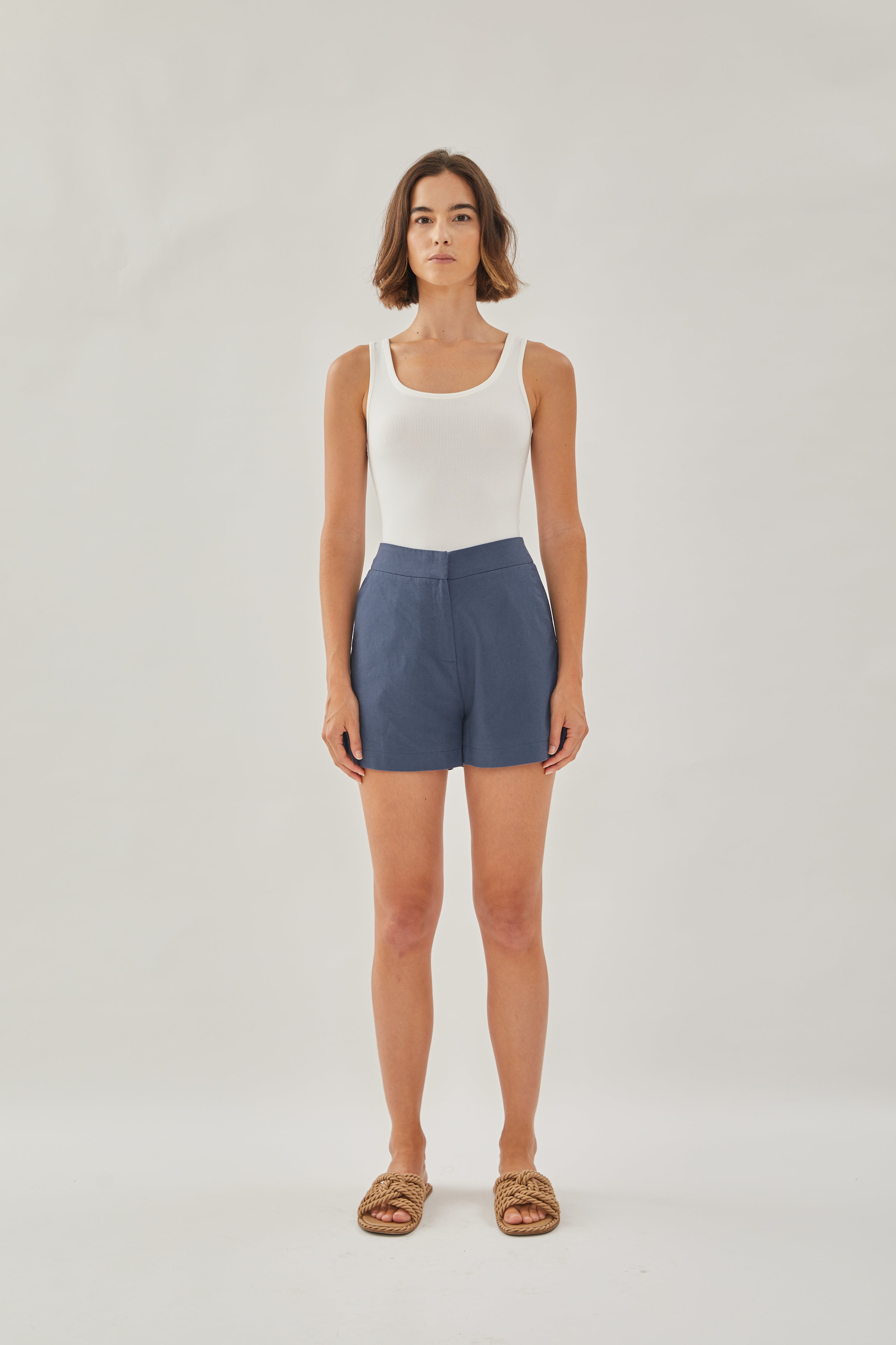 Linen Shorts in Stone Blue