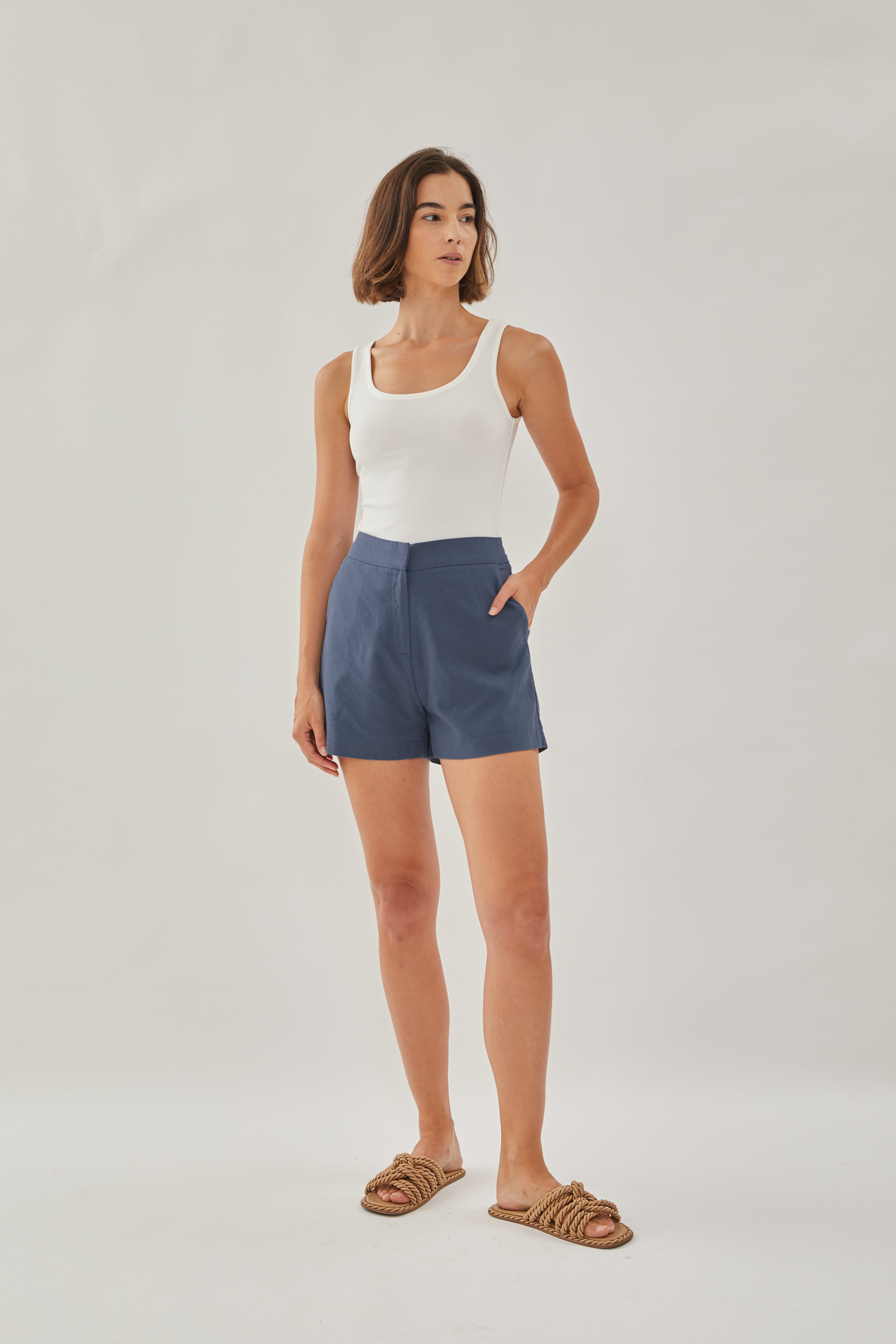 Linen Shorts in Stone Blue