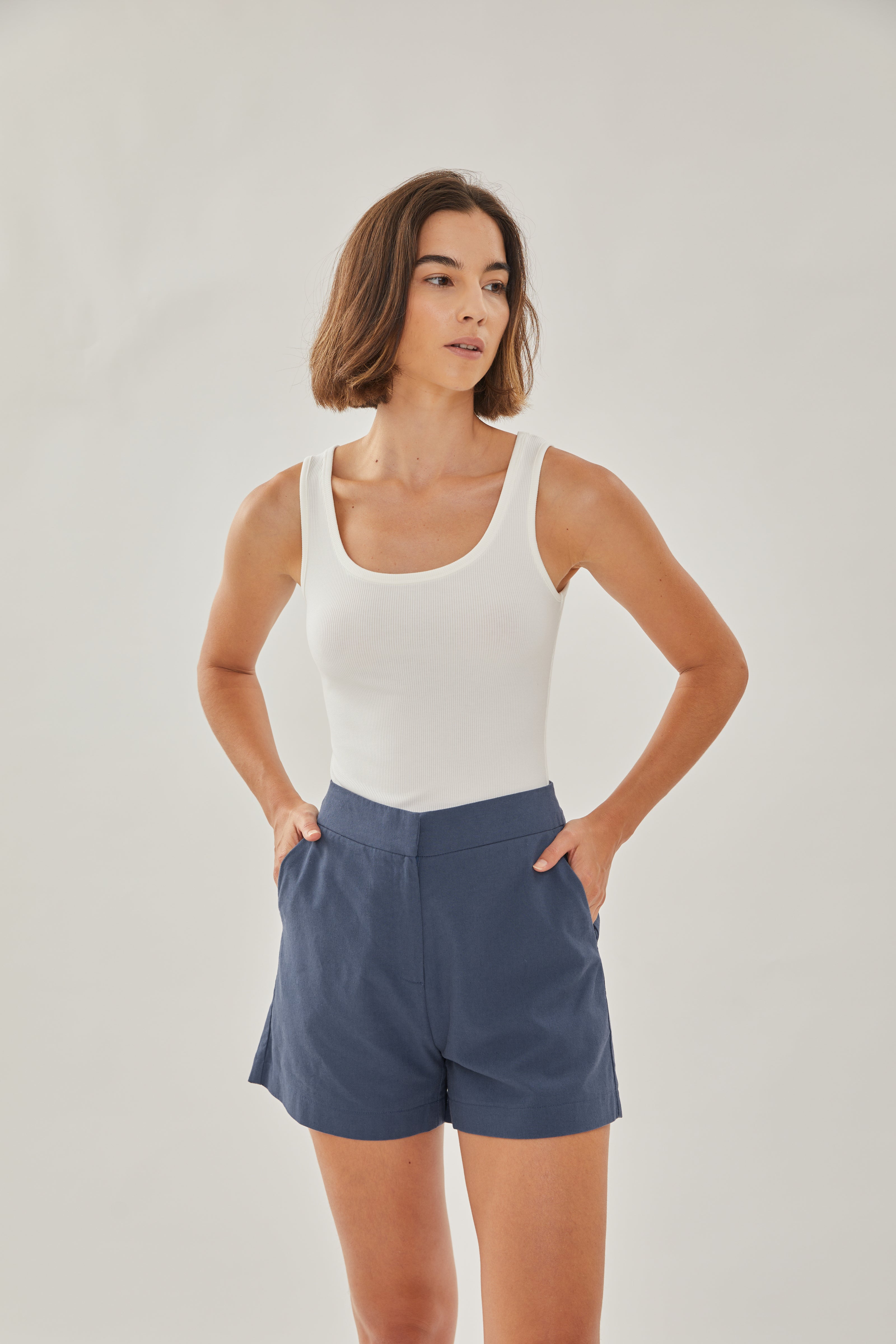 Linen Shorts in Stone Blue