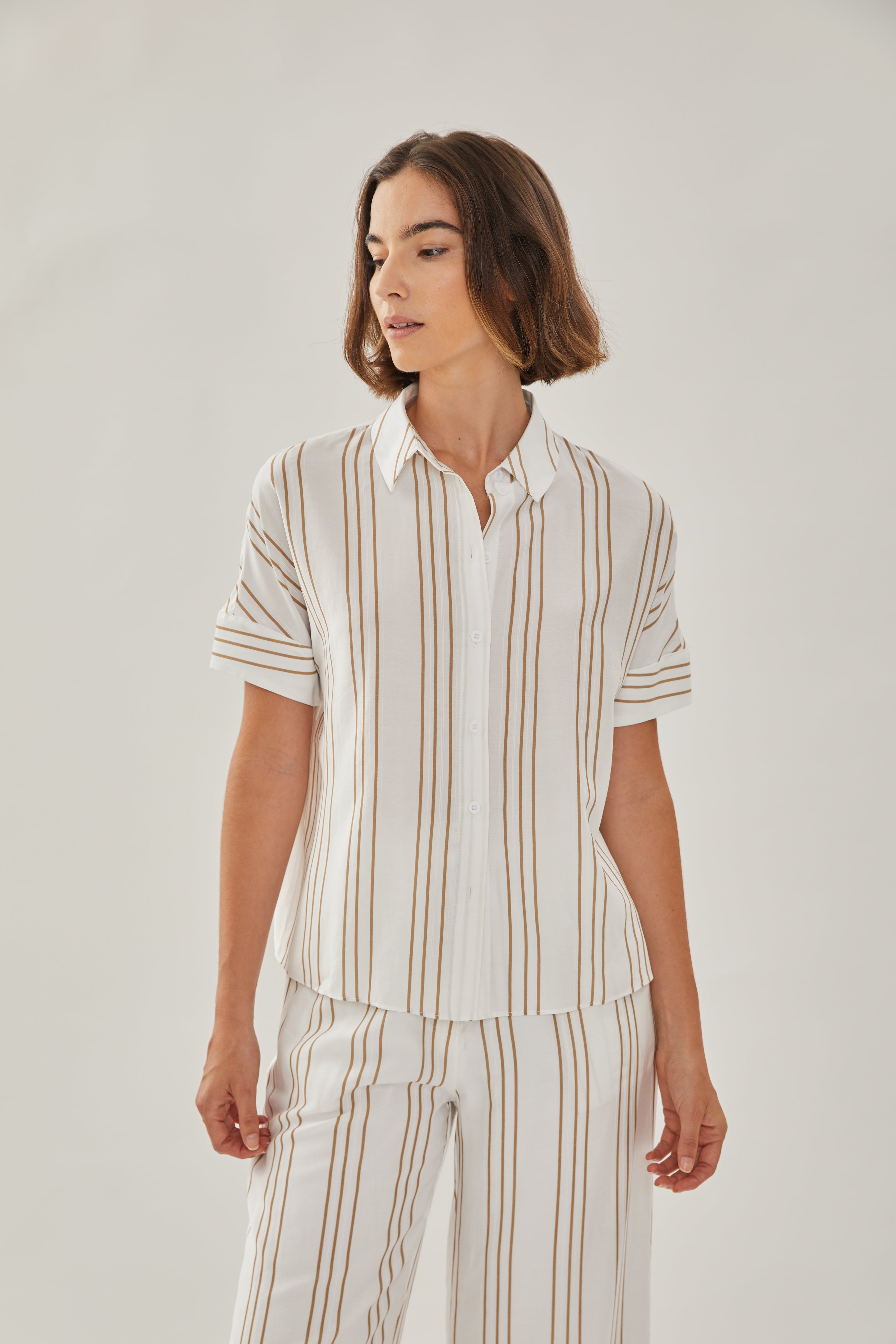 On the Hillside Shirt in Stripe Tan