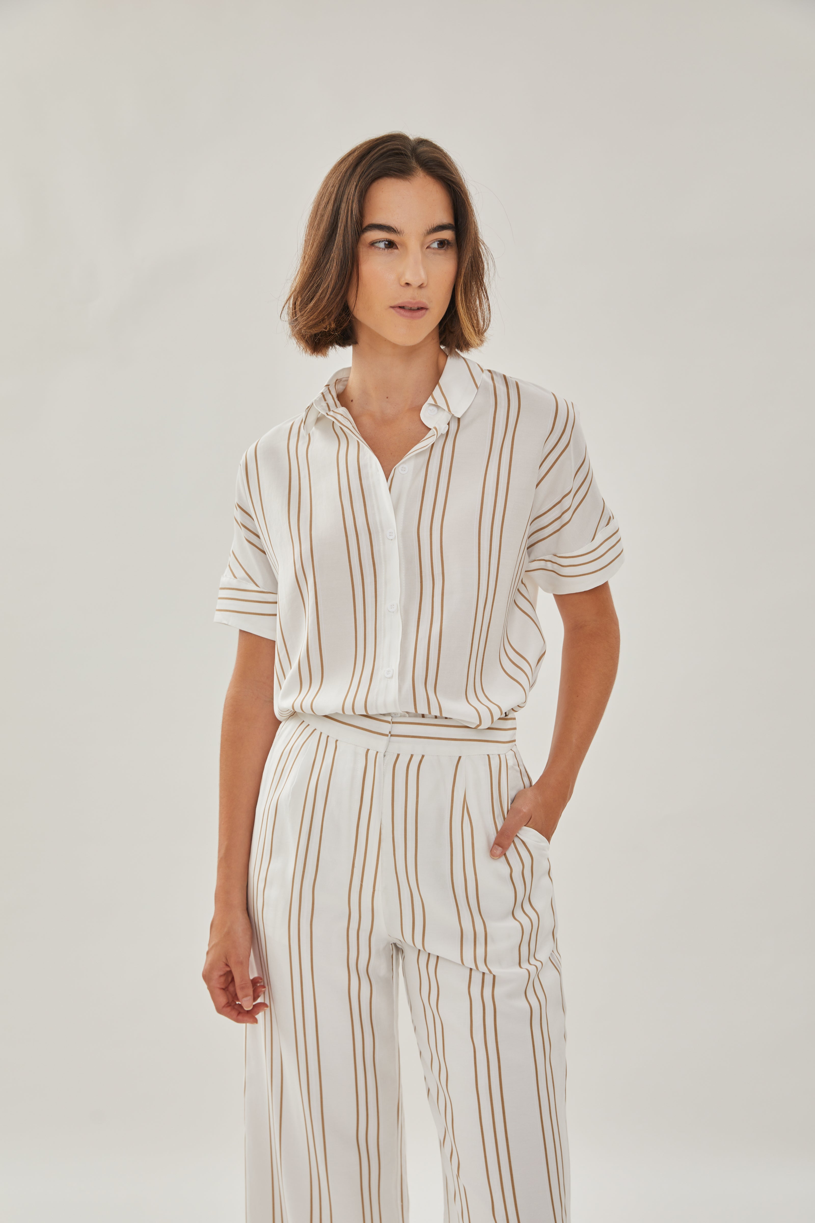 On the Hillside Shirt in Stripe Tan