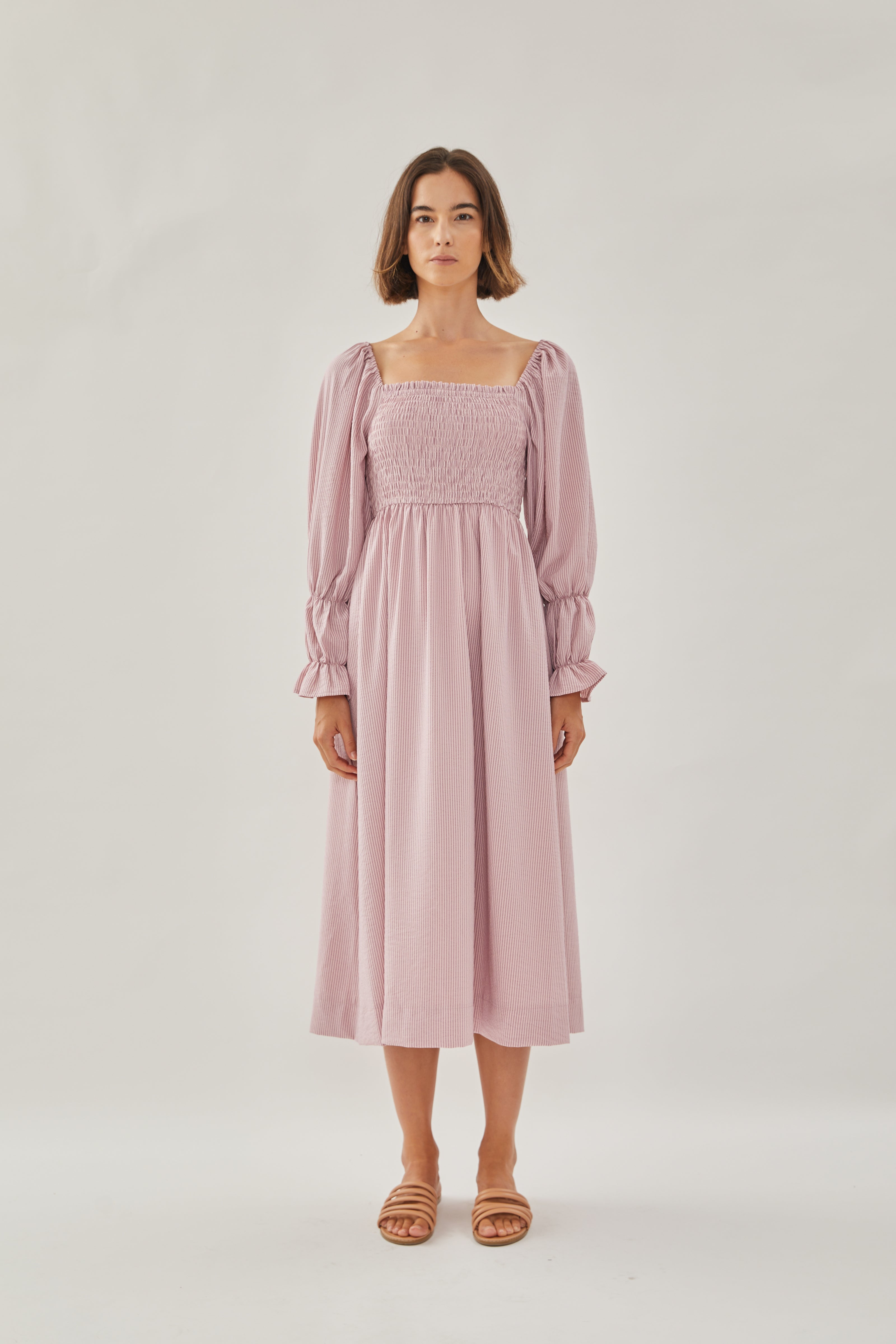 Shirred Midi Dress in Stripe Pink
