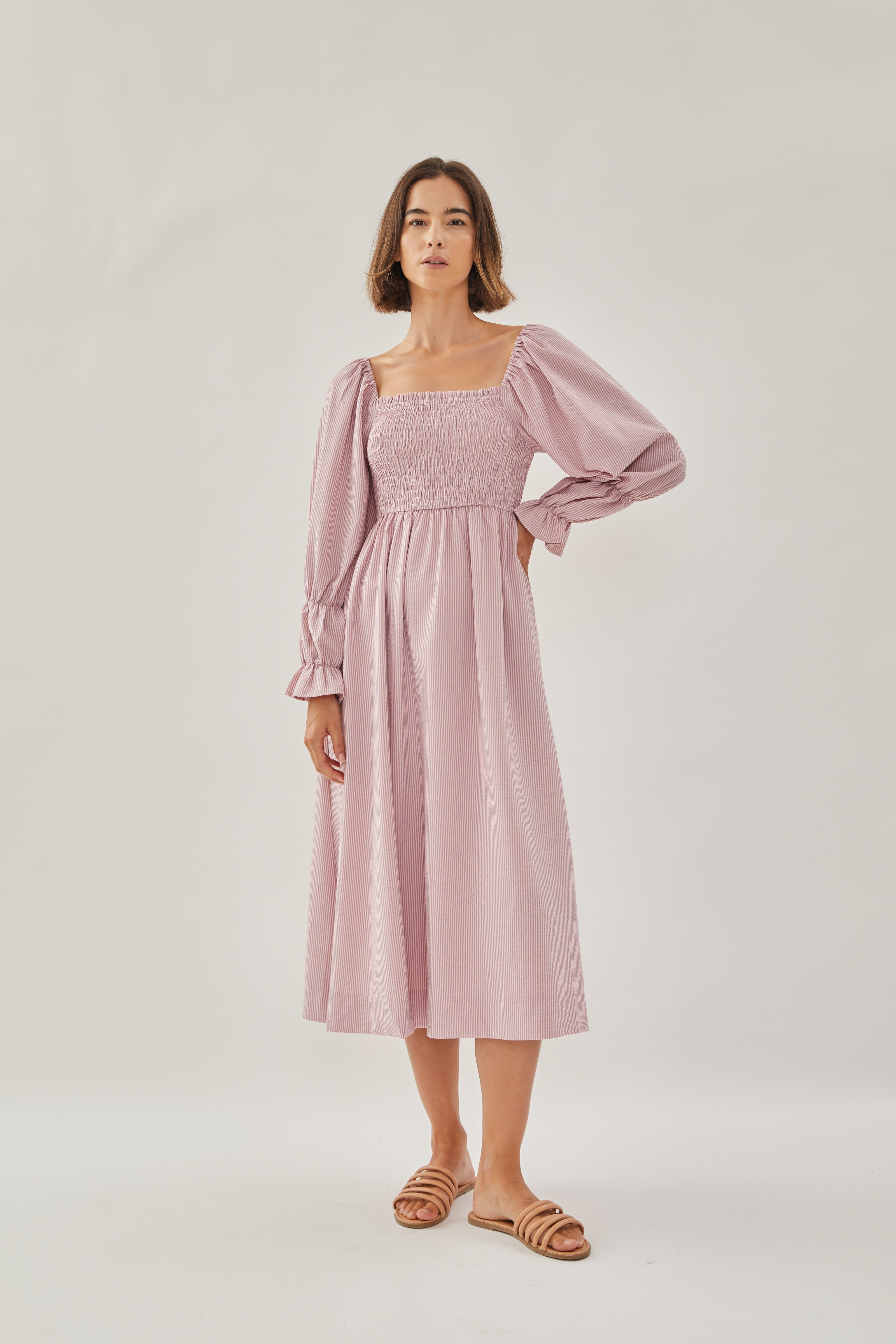 Shirred Midi Dress in Stripe Pink