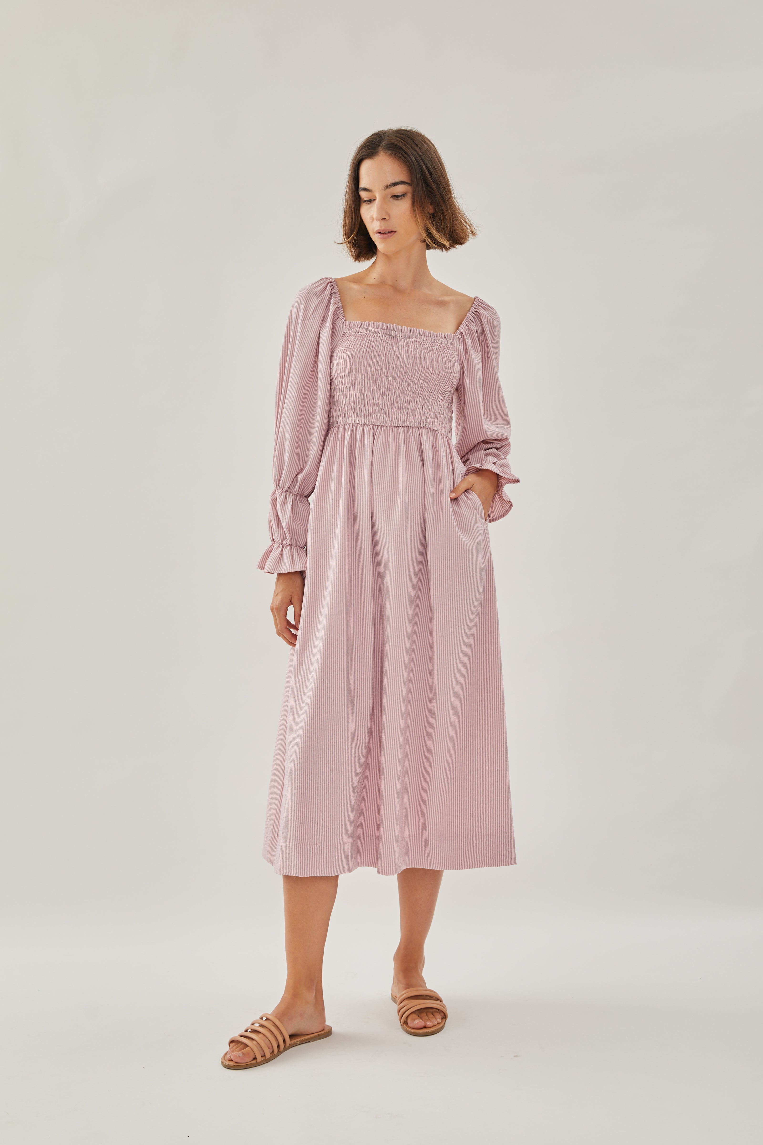 Shirred Midi Dress in Stripe Pink