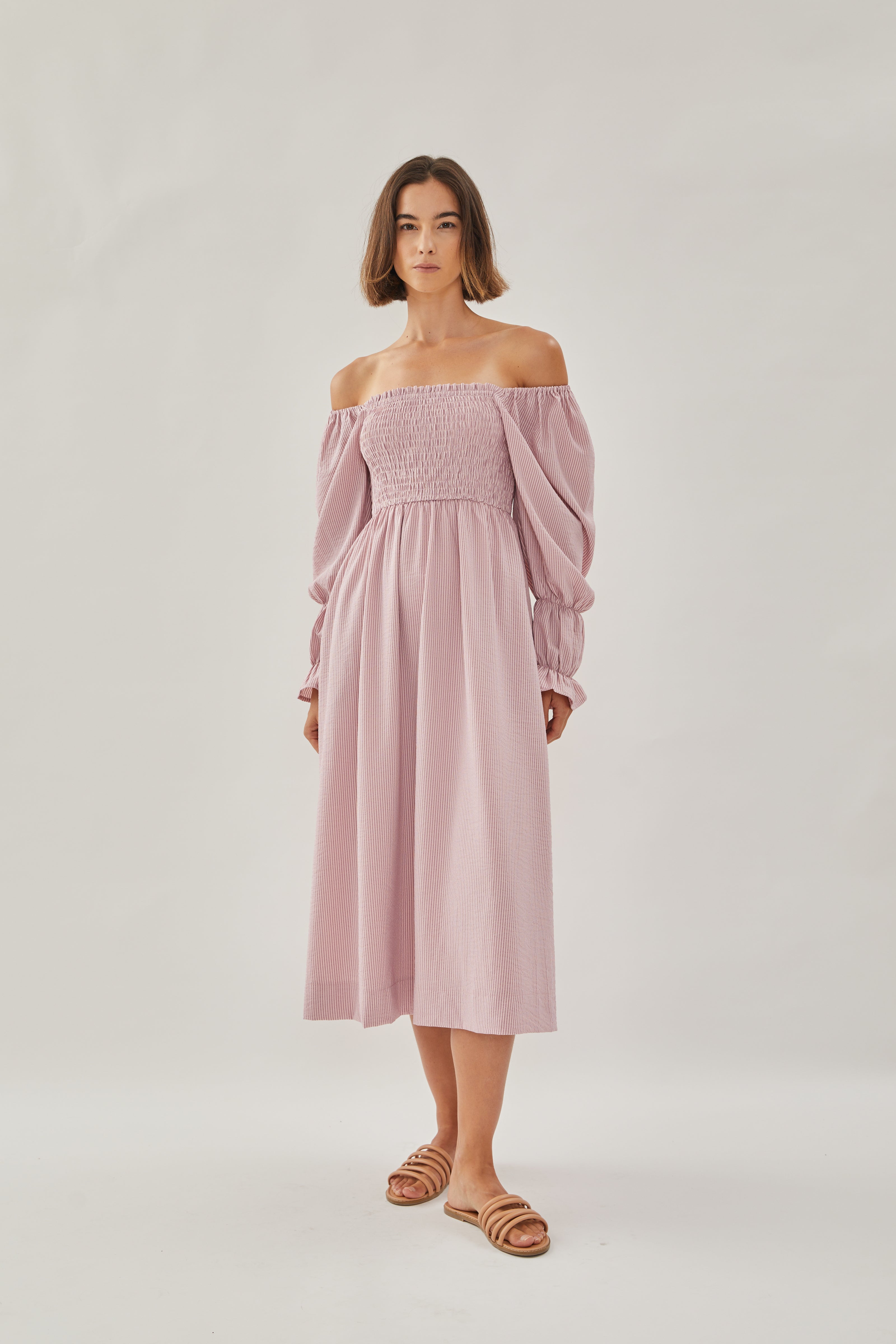 Shirred Midi Dress in Stripe Pink