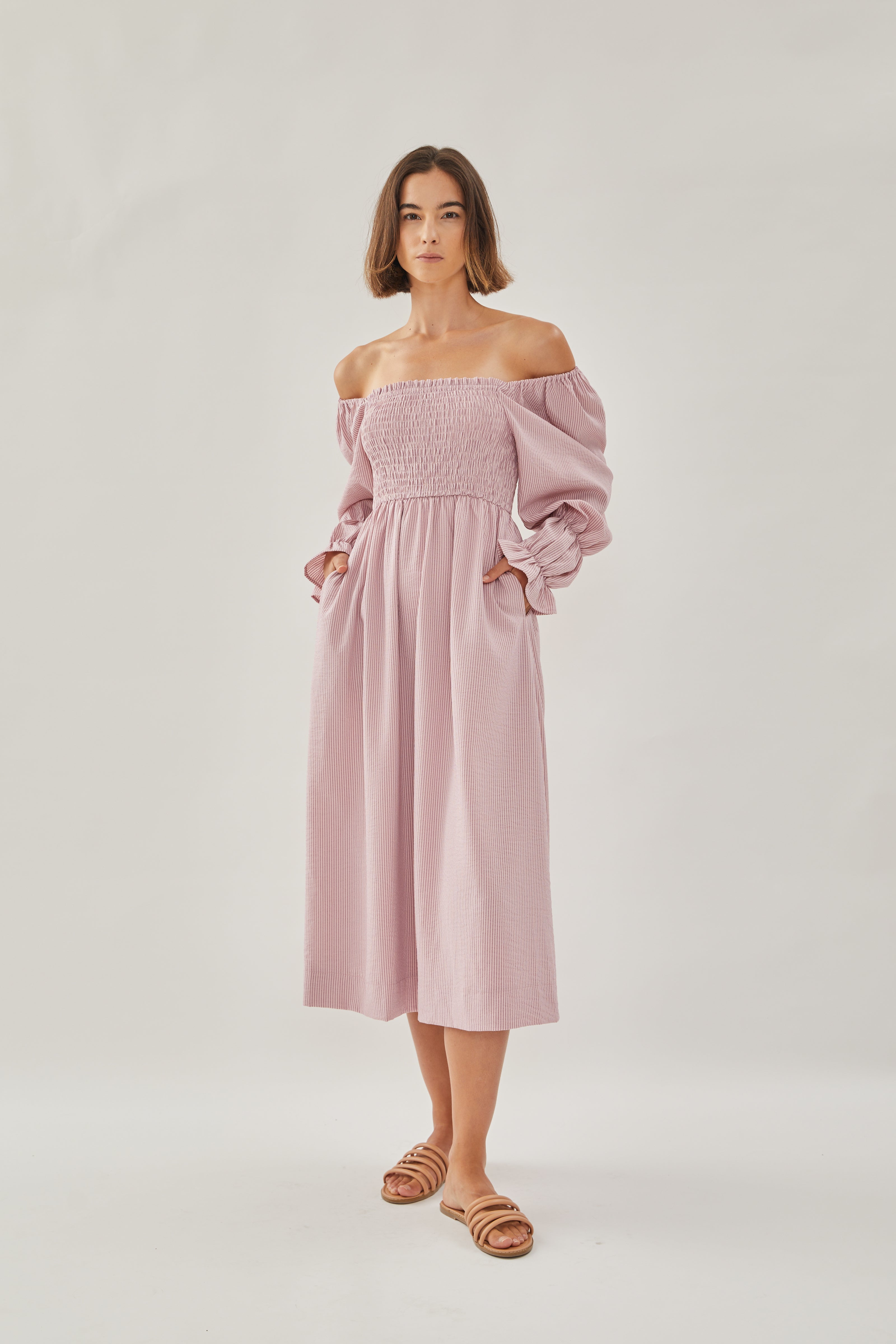 Shirred Midi Dress in Stripe Pink