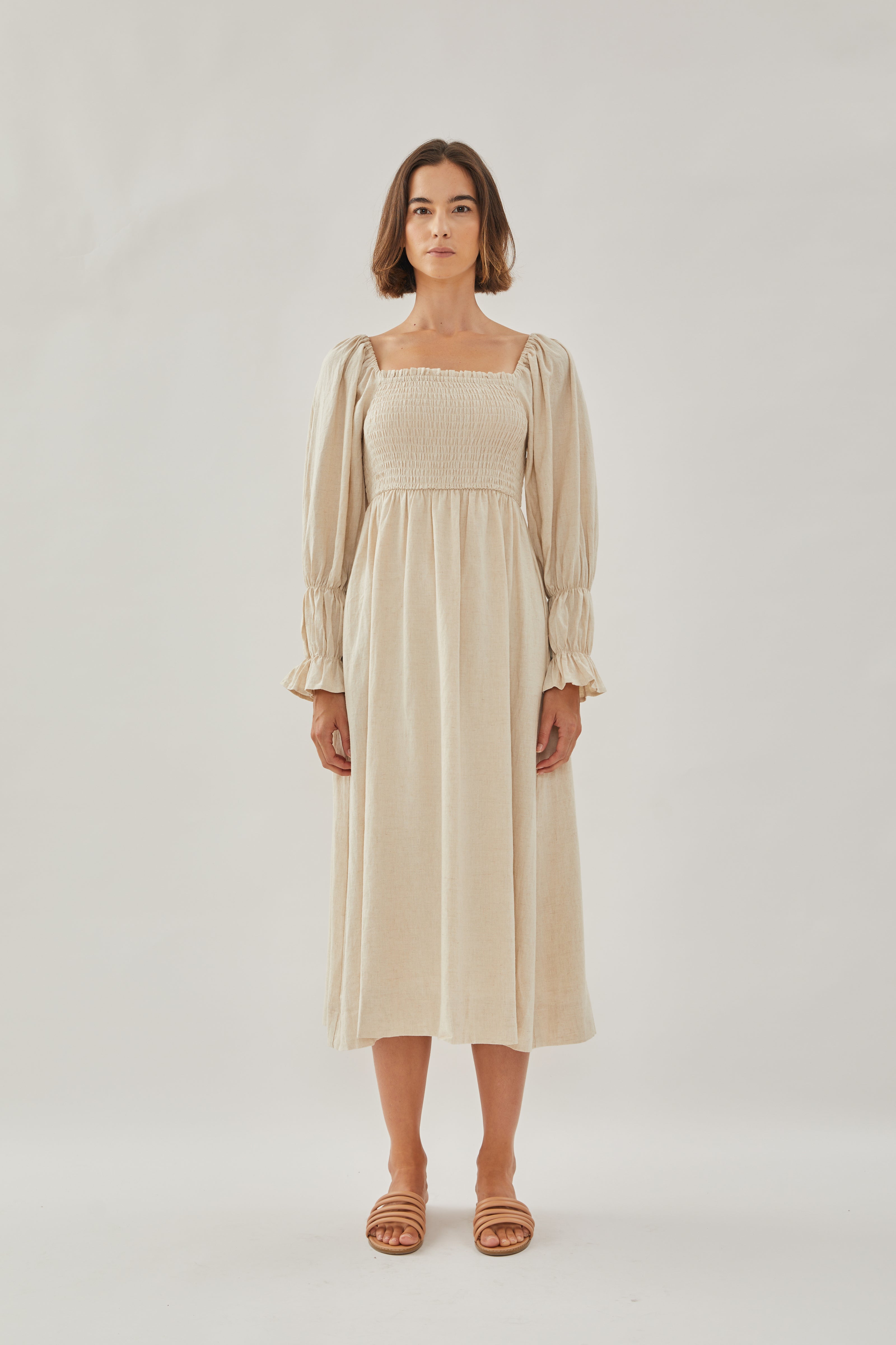 Shirred Midi Dress in Natural