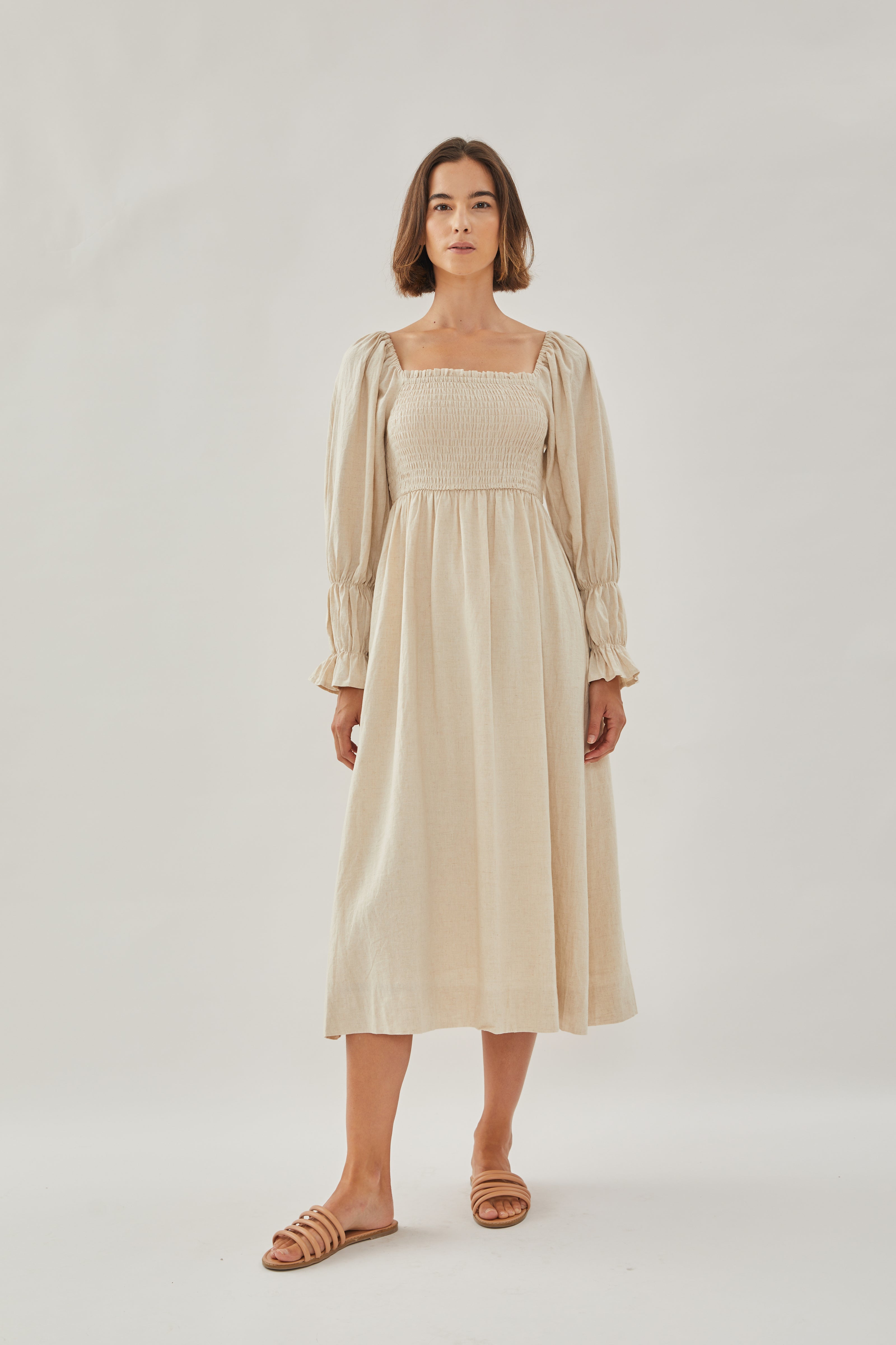 Shirred Midi Dress in Natural