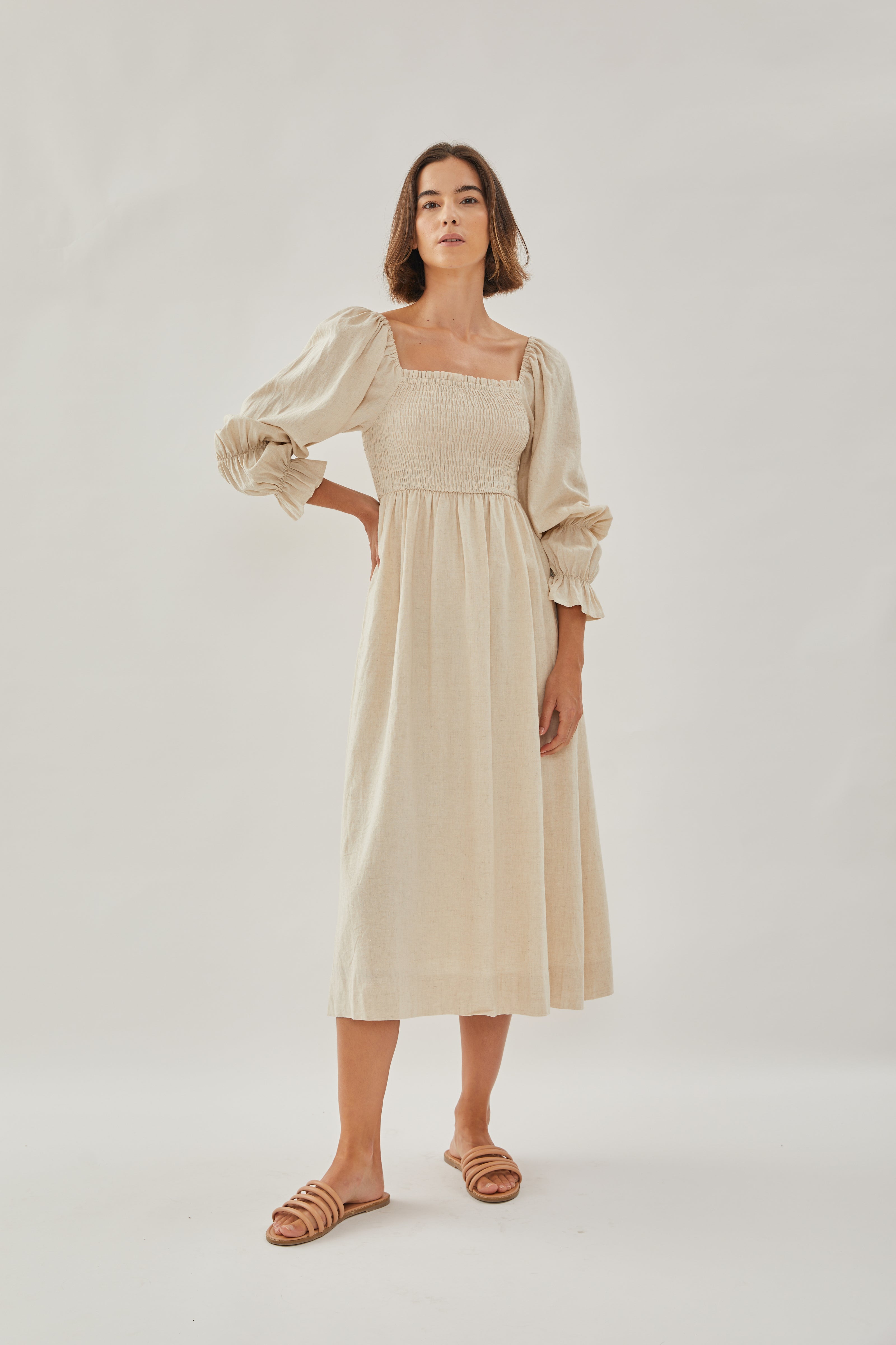 Shirred Midi Dress in Natural