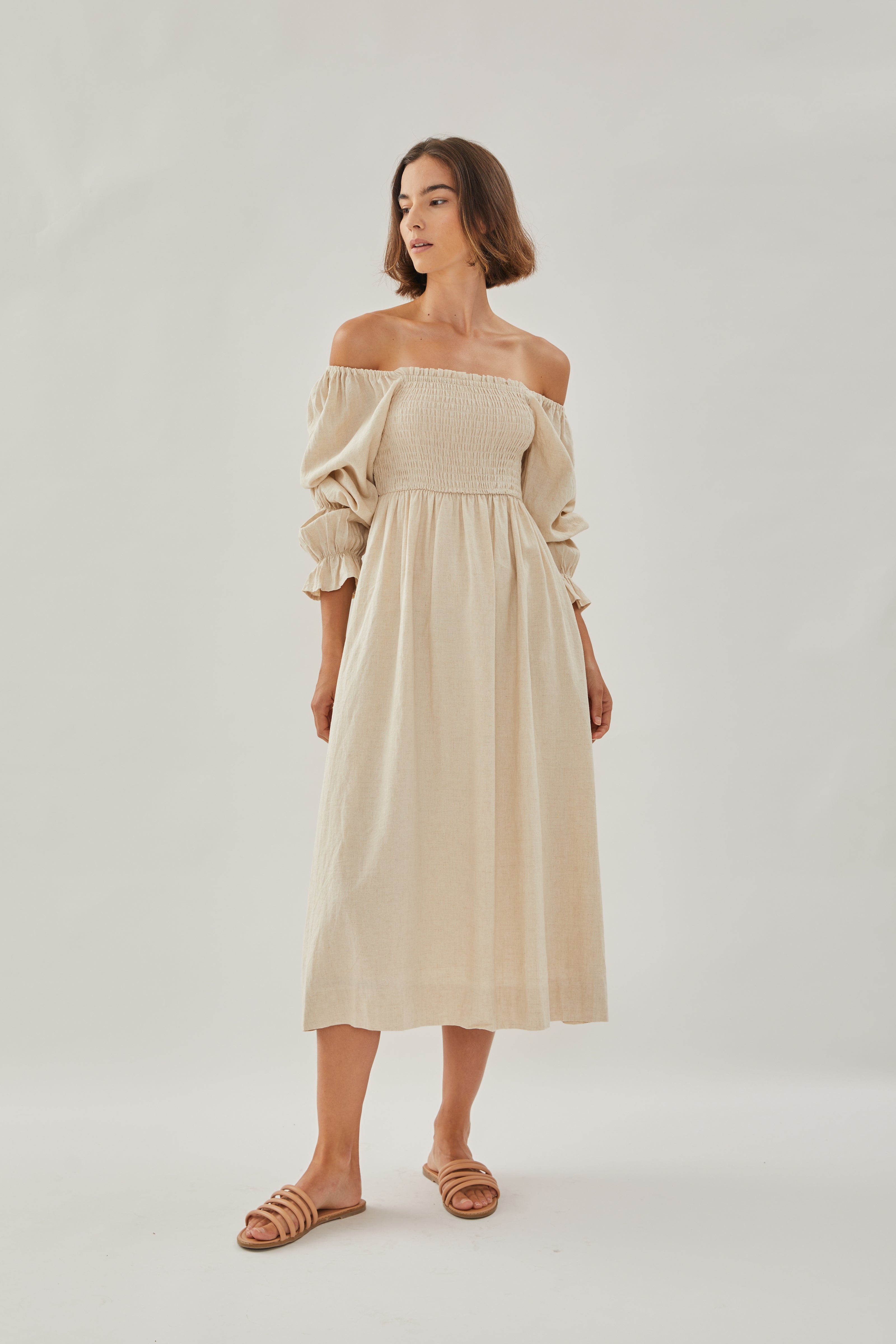 Shirred Midi Dress in Natural