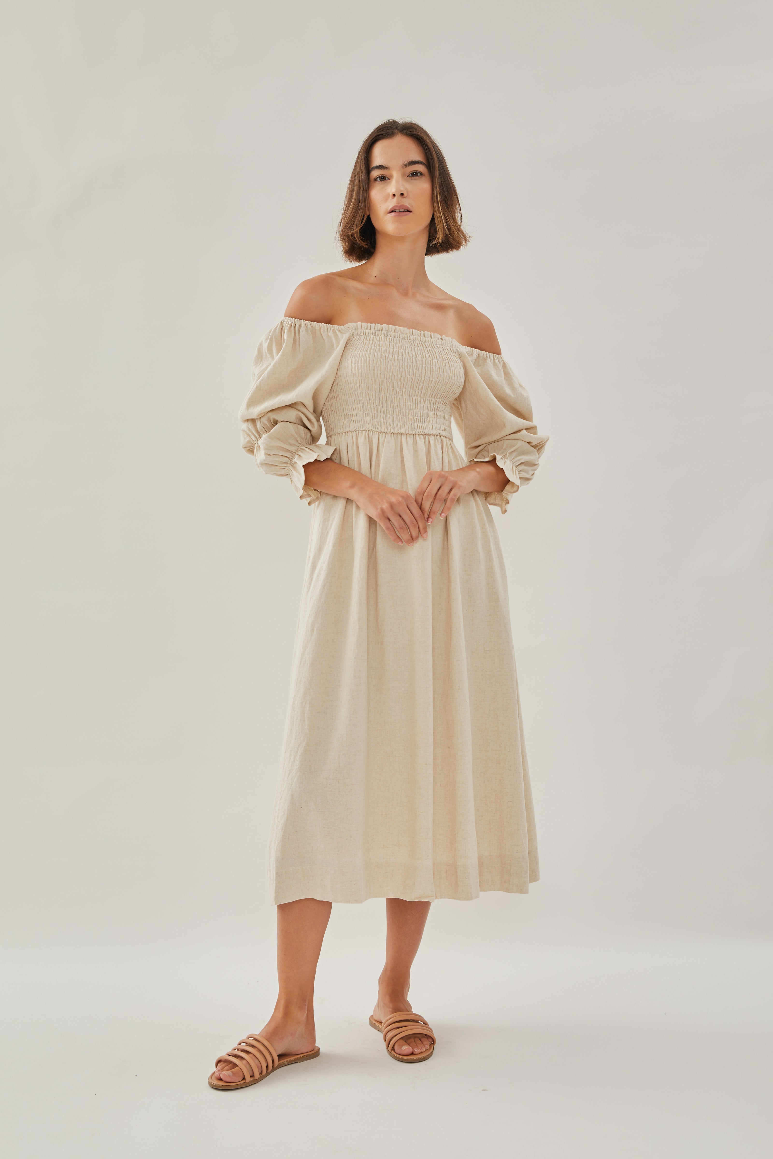 Shirred Midi Dress in Natural