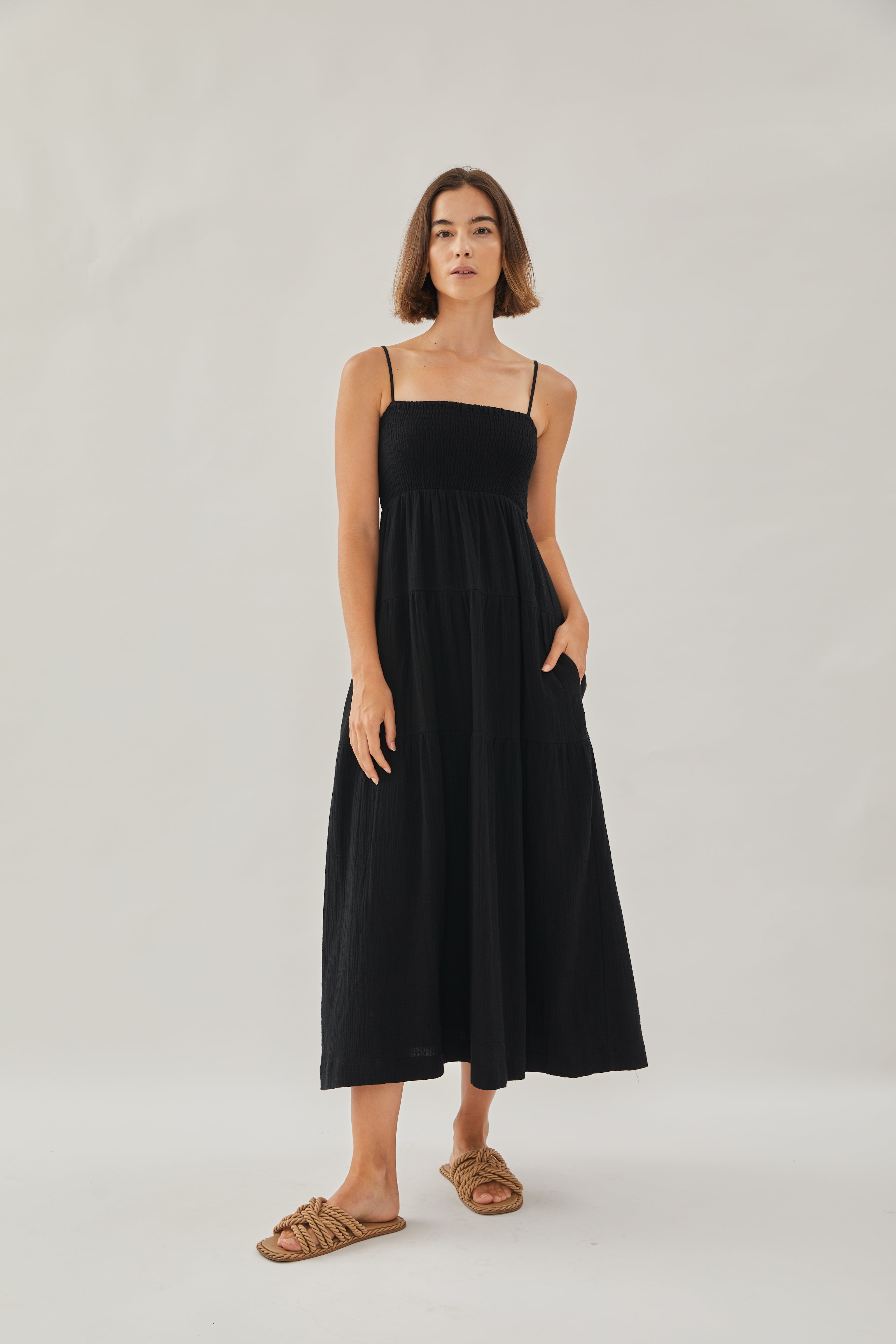 Shirred Maxi Dress in Black