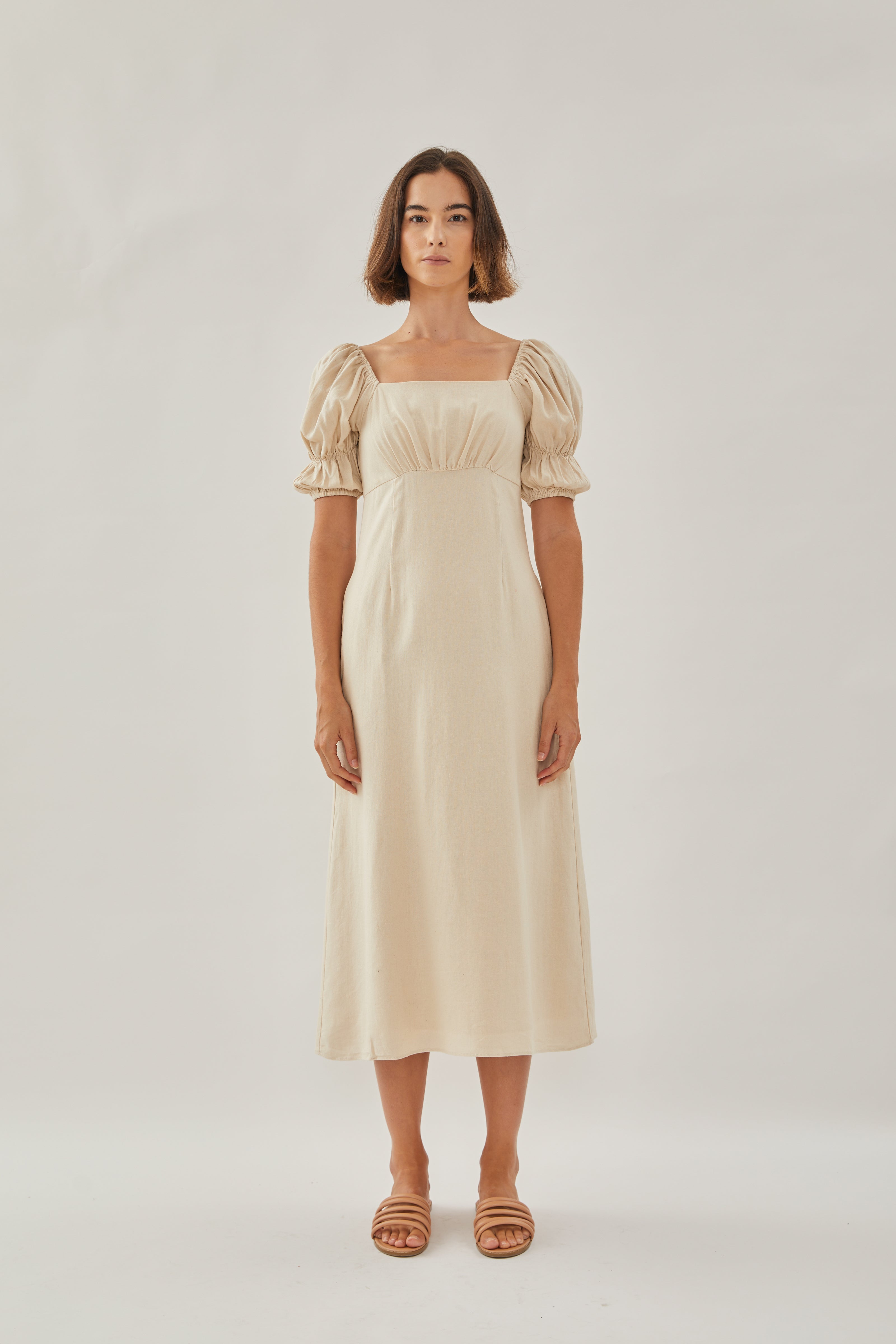 Puffed Sleeved Midi Dress in Natural