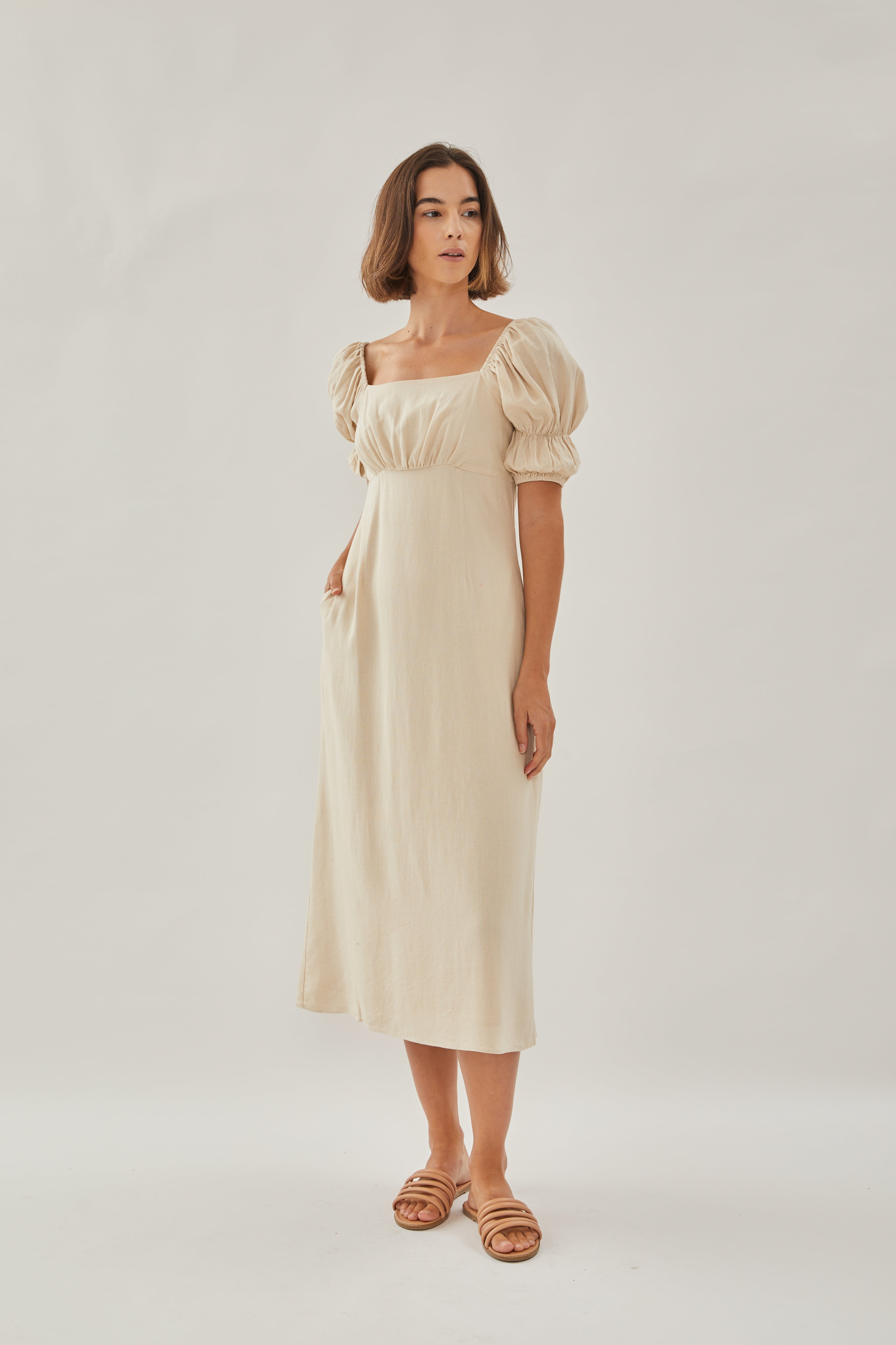 Puffed Sleeved Midi Dress in Natural