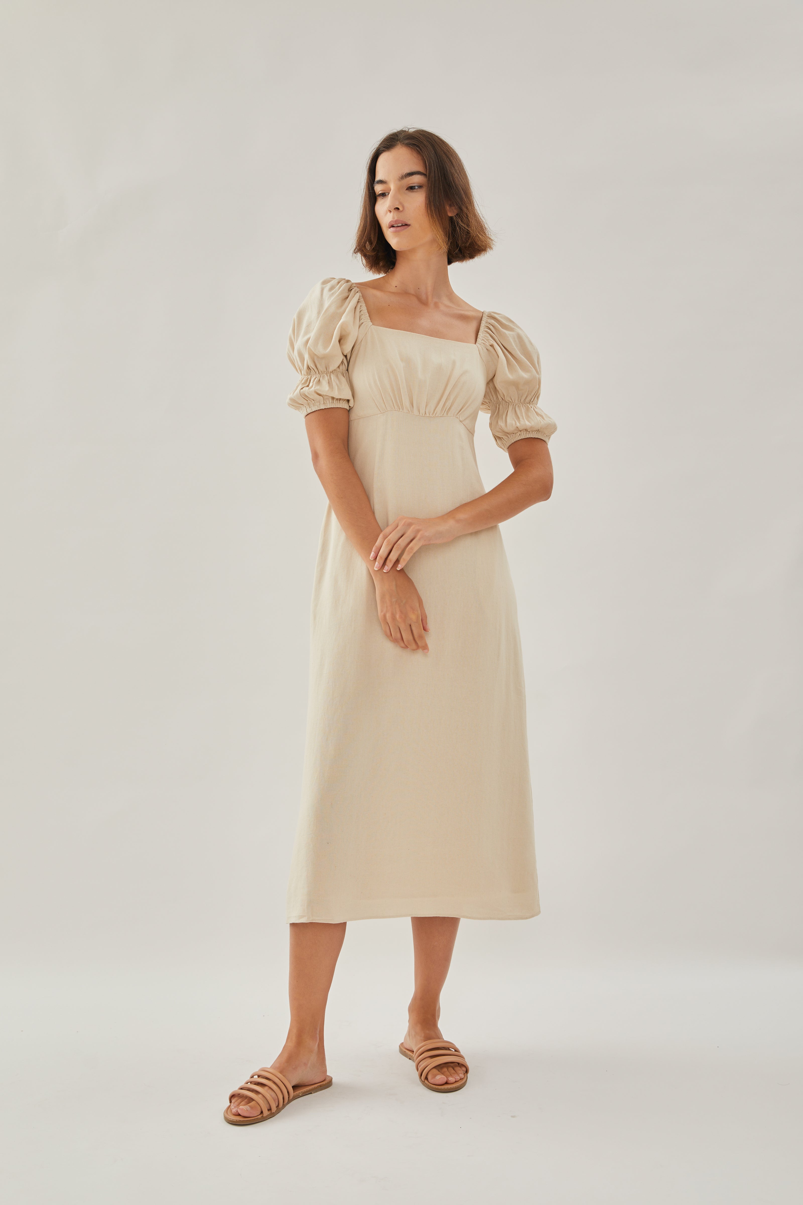 Puffed Sleeved Midi Dress in Natural