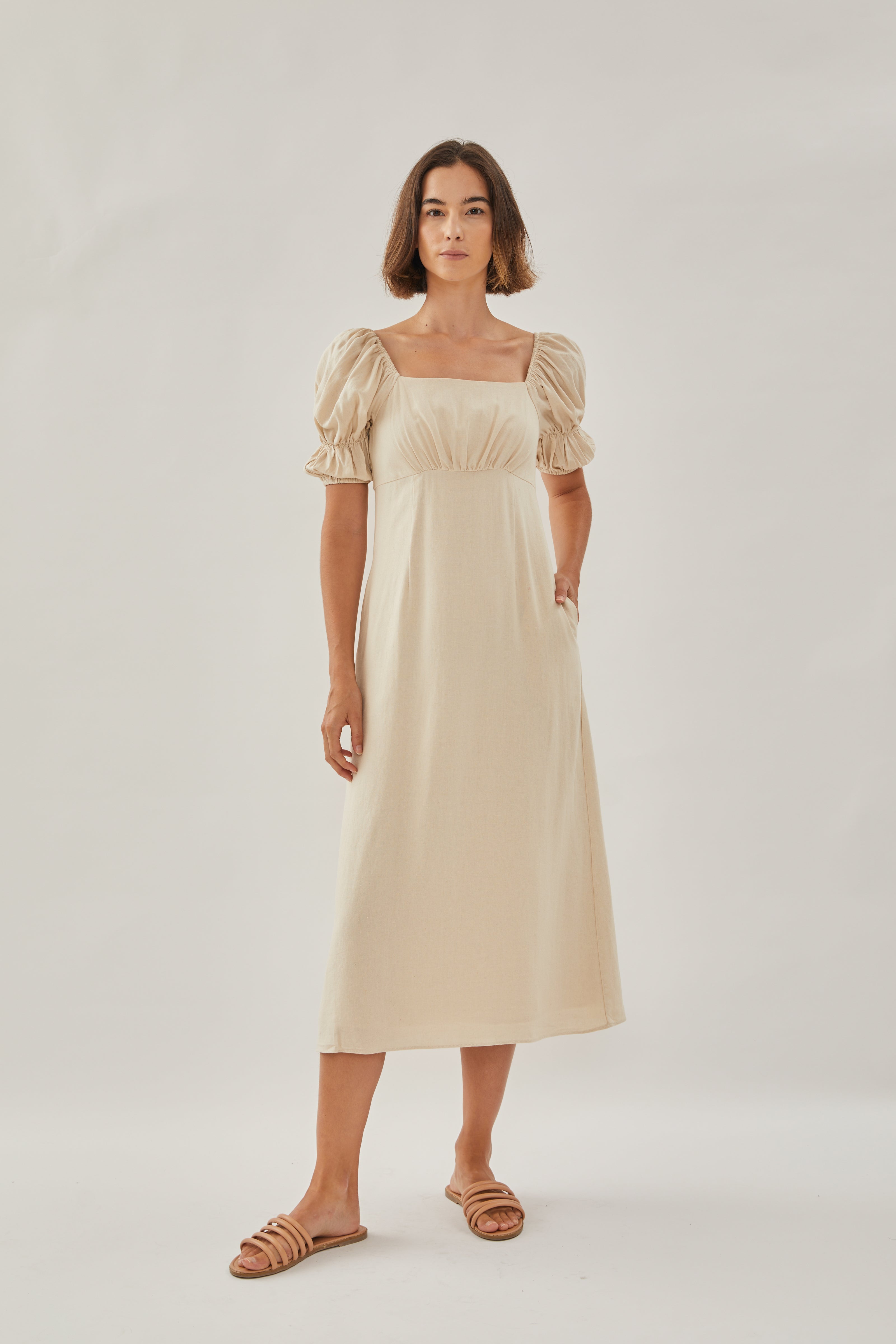 Puffed Sleeved Midi Dress in Natural