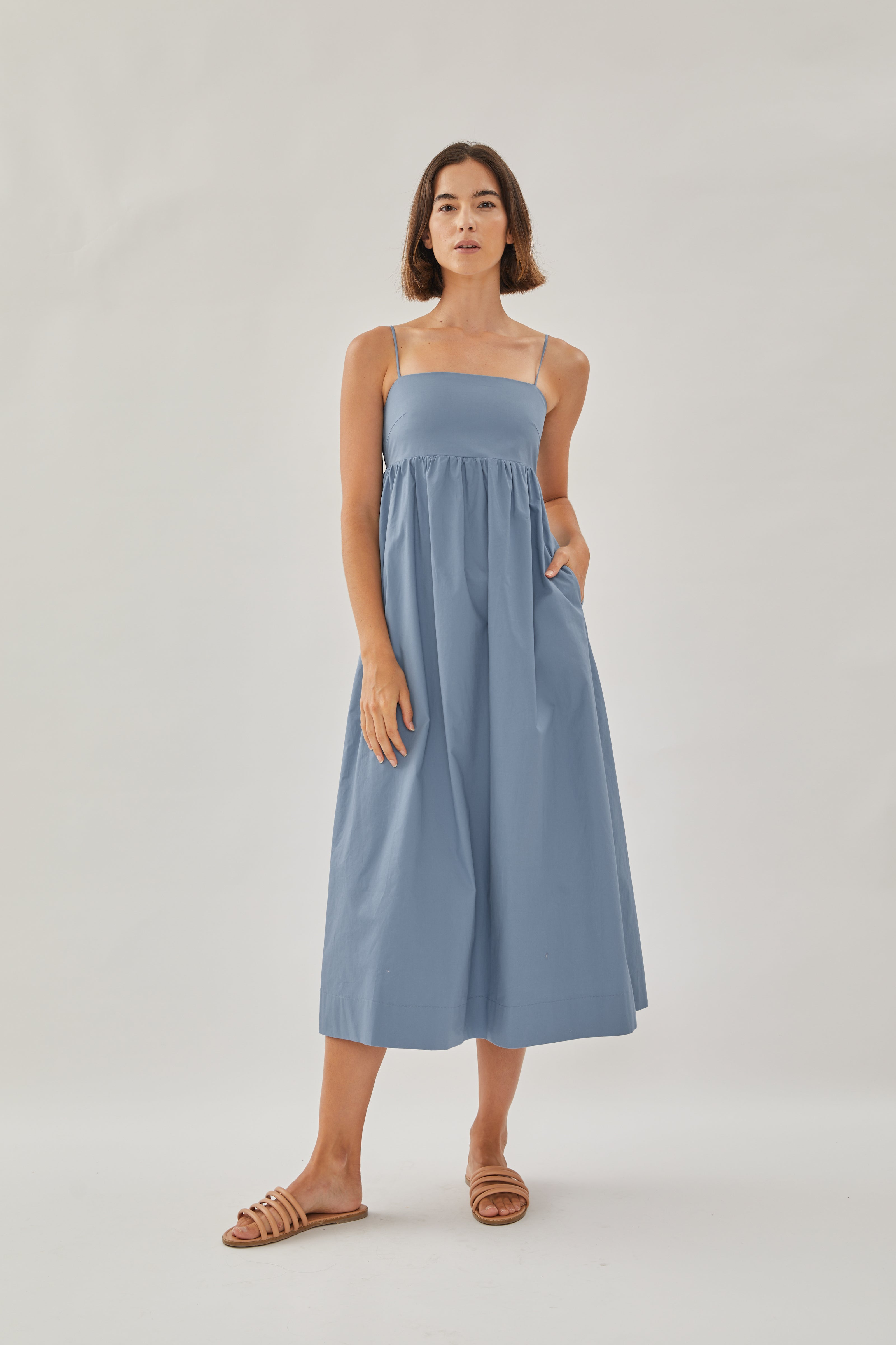 Cotton Cami Midi Dress in Stone Blue