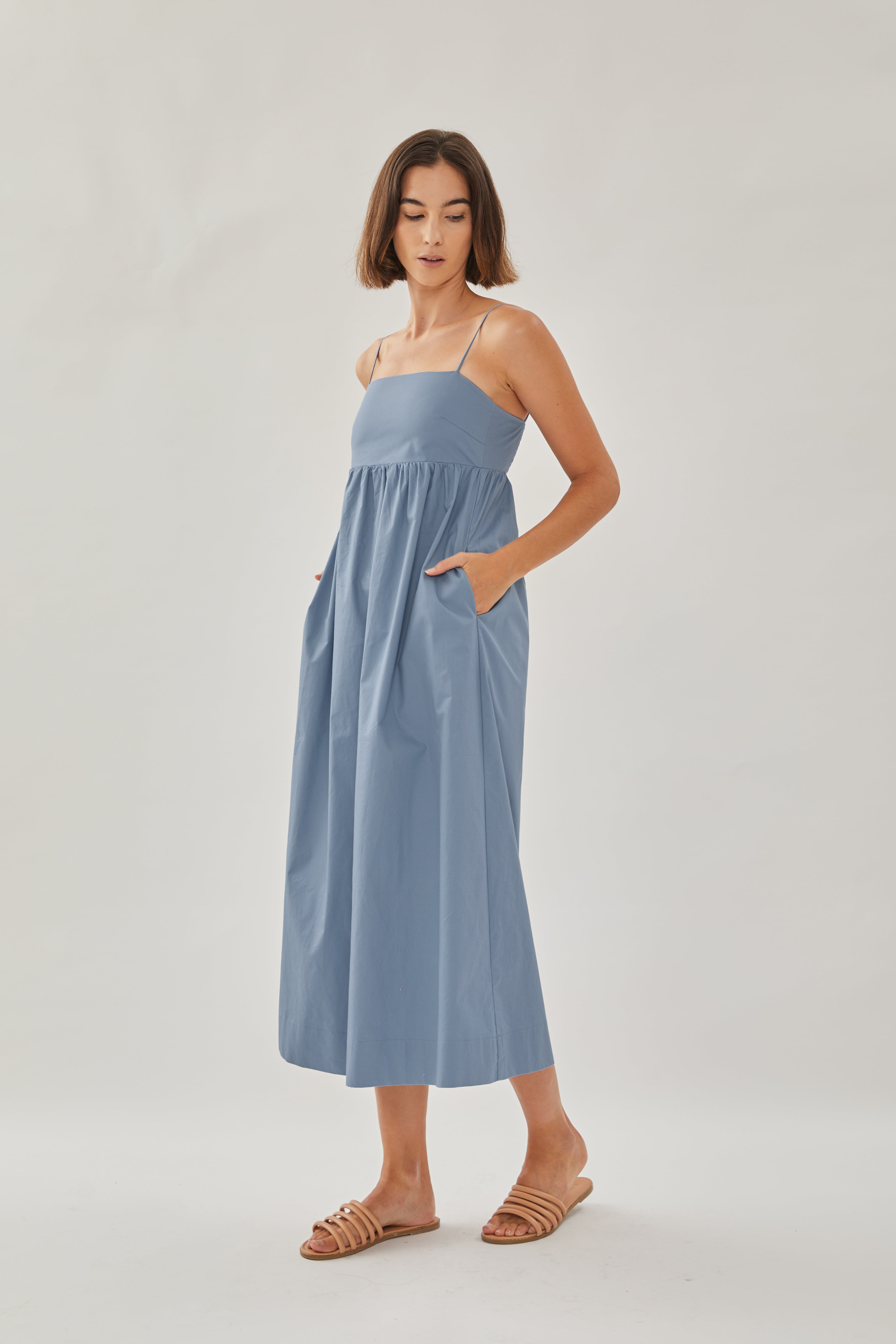 Cotton Cami Midi Dress in Stone Blue