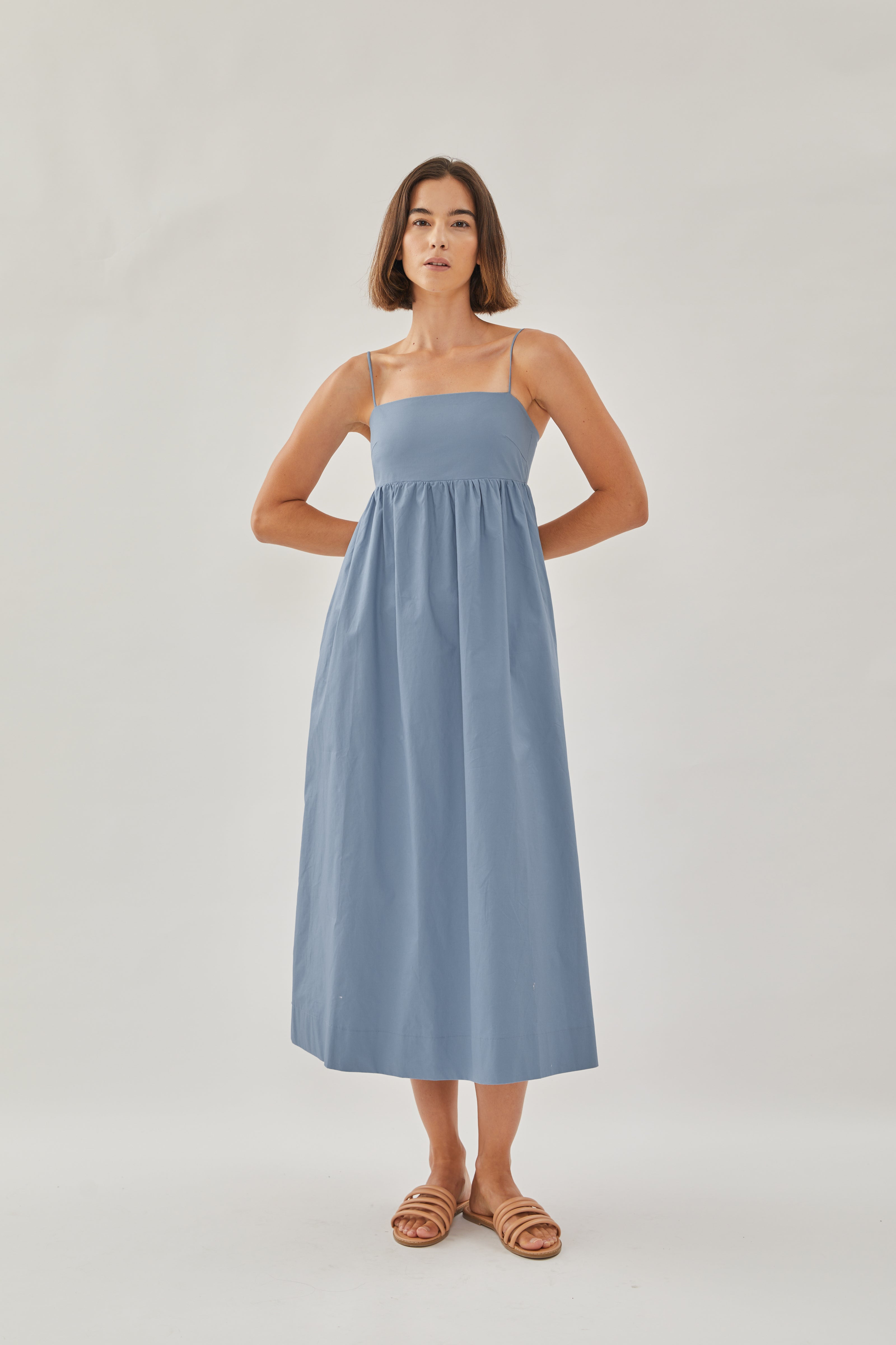 Cotton Cami Midi Dress in Stone Blue