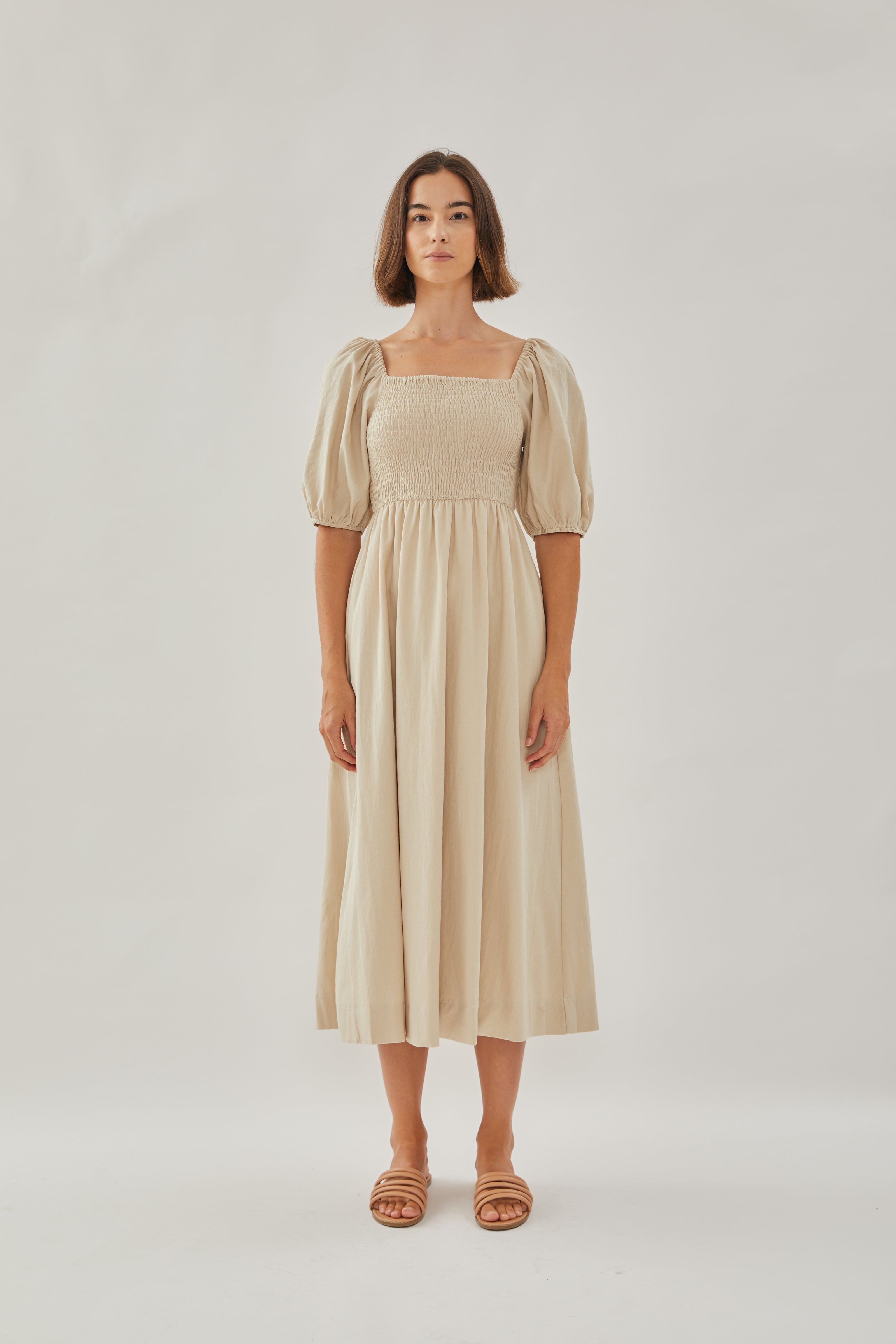 Puffed Sleeved Shirred Midi Dress in Sand