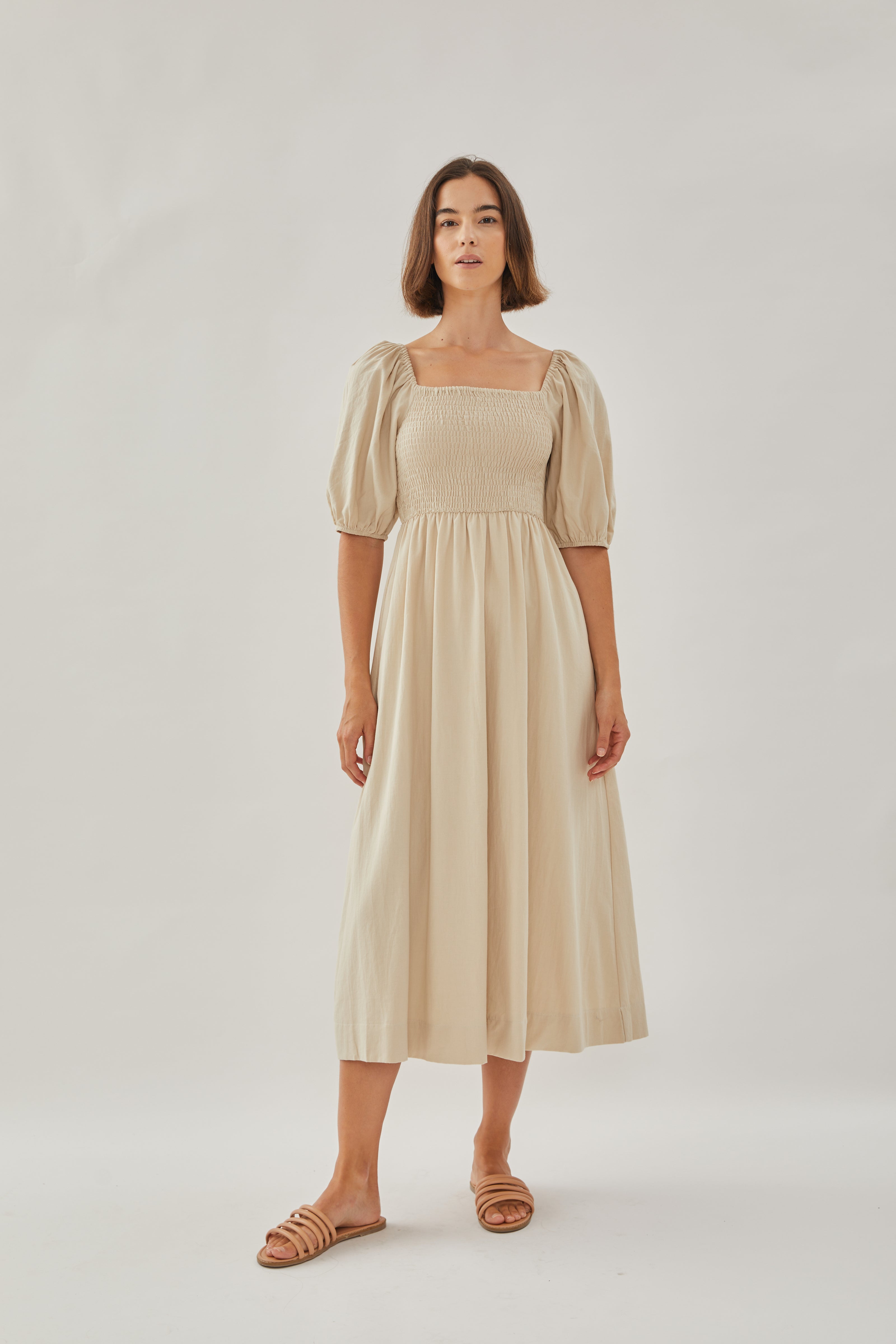 Puffed Sleeved Shirred Midi Dress in Sand