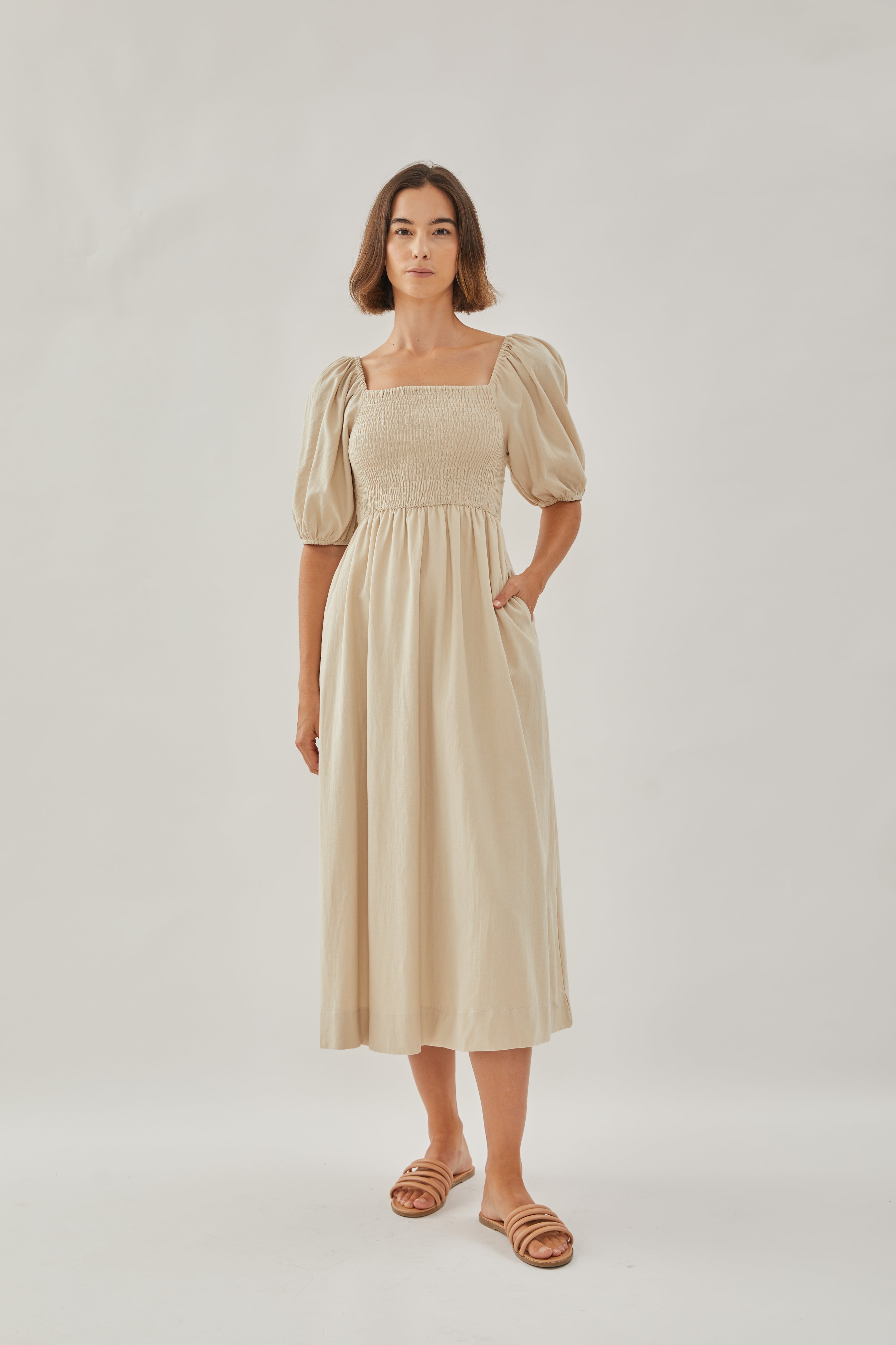 Puffed Sleeved Shirred Midi Dress in Sand