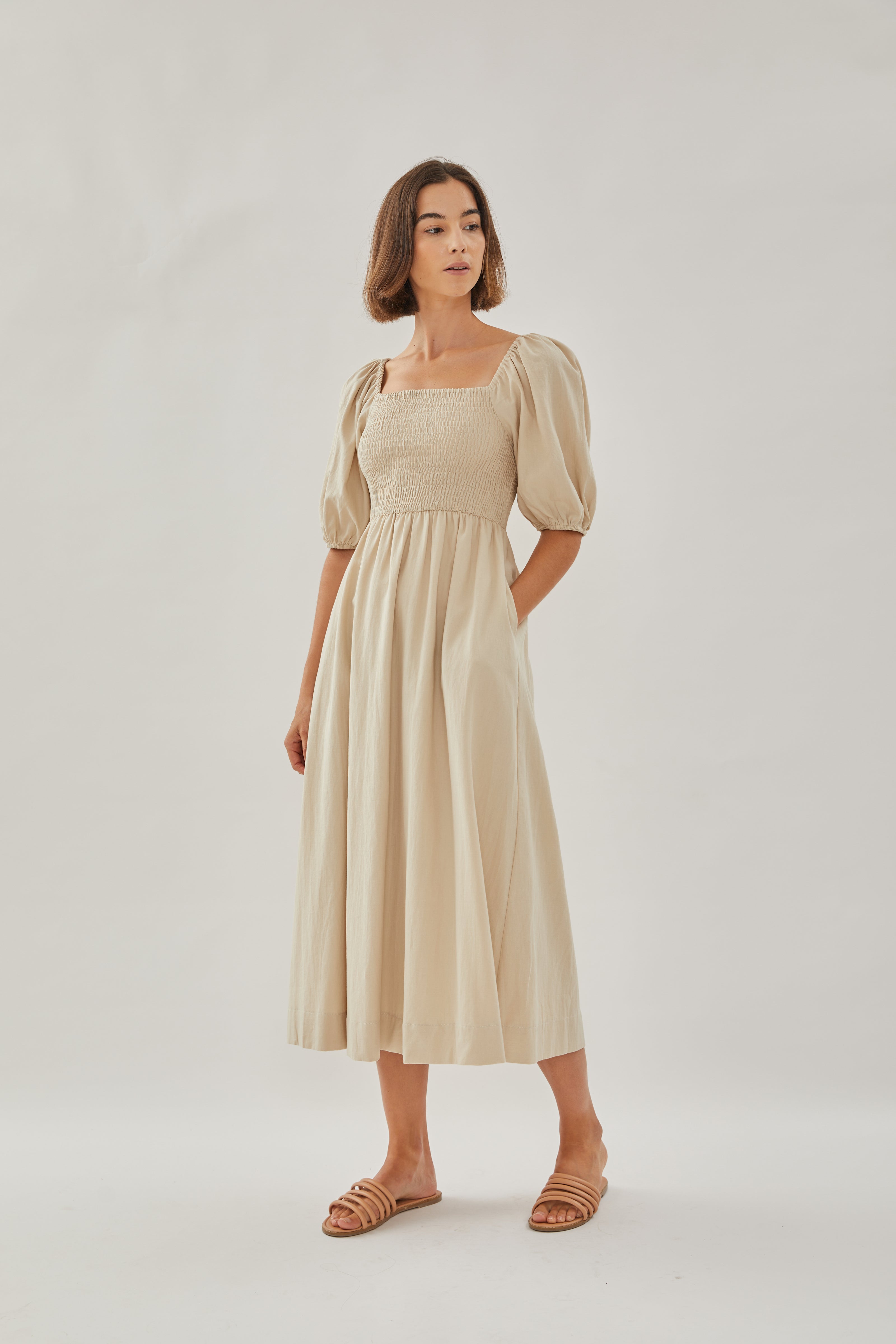 Puffed Sleeved Shirred Midi Dress in Sand