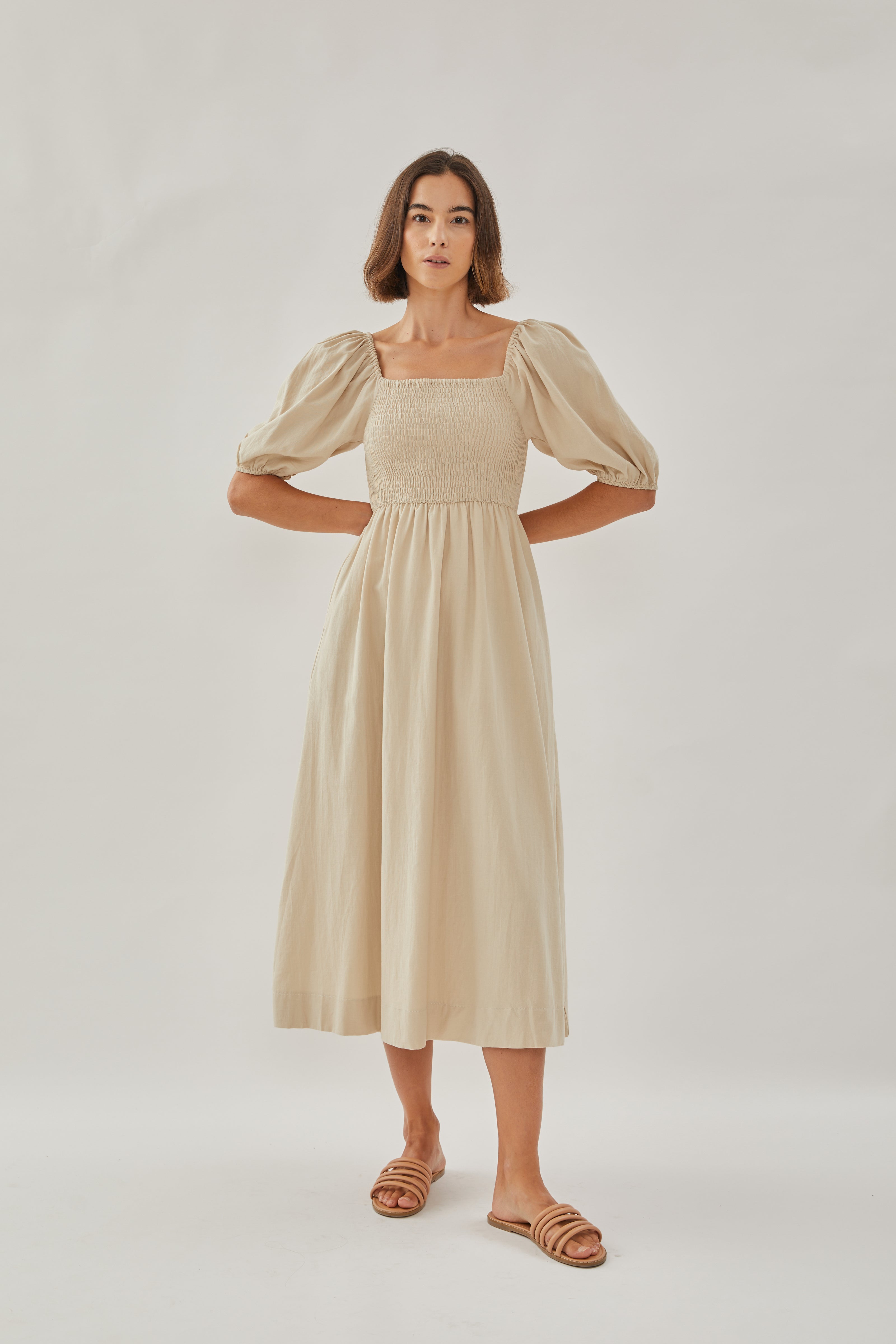 Puffed Sleeved Shirred Midi Dress in Sand