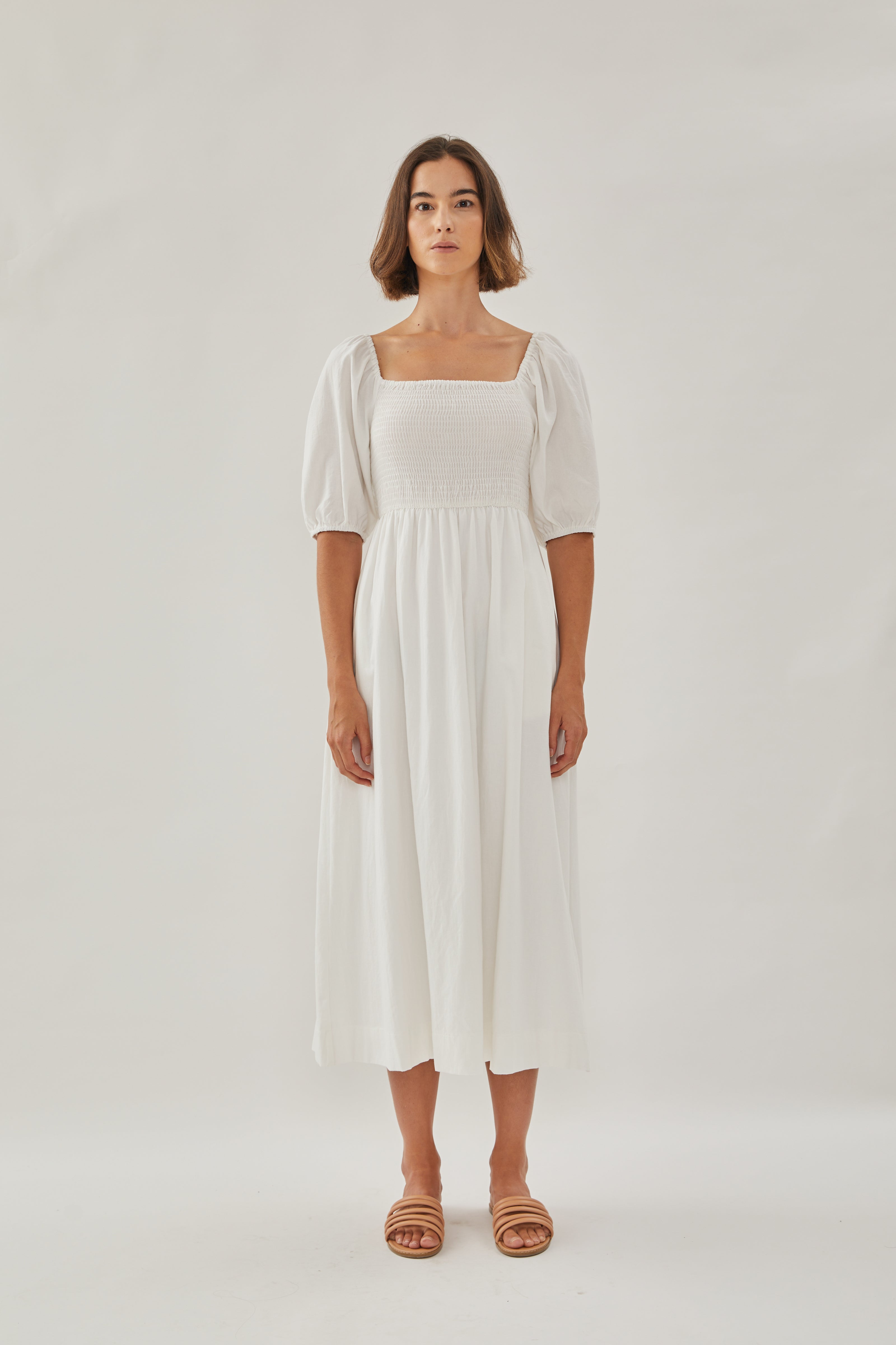 Puffed Sleeved Shirred Midi Dress in White