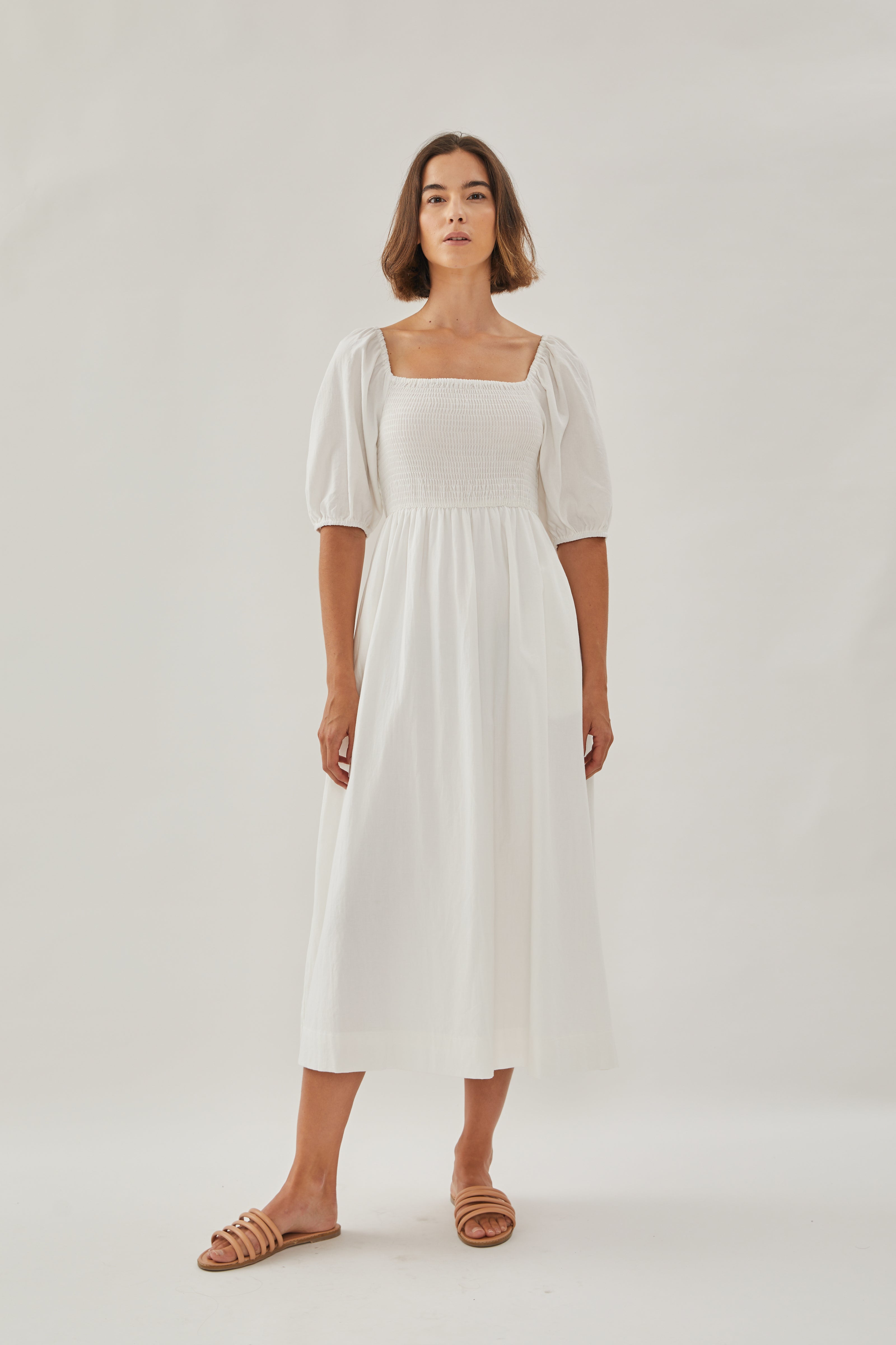 Puffed Sleeved Shirred Midi Dress in White