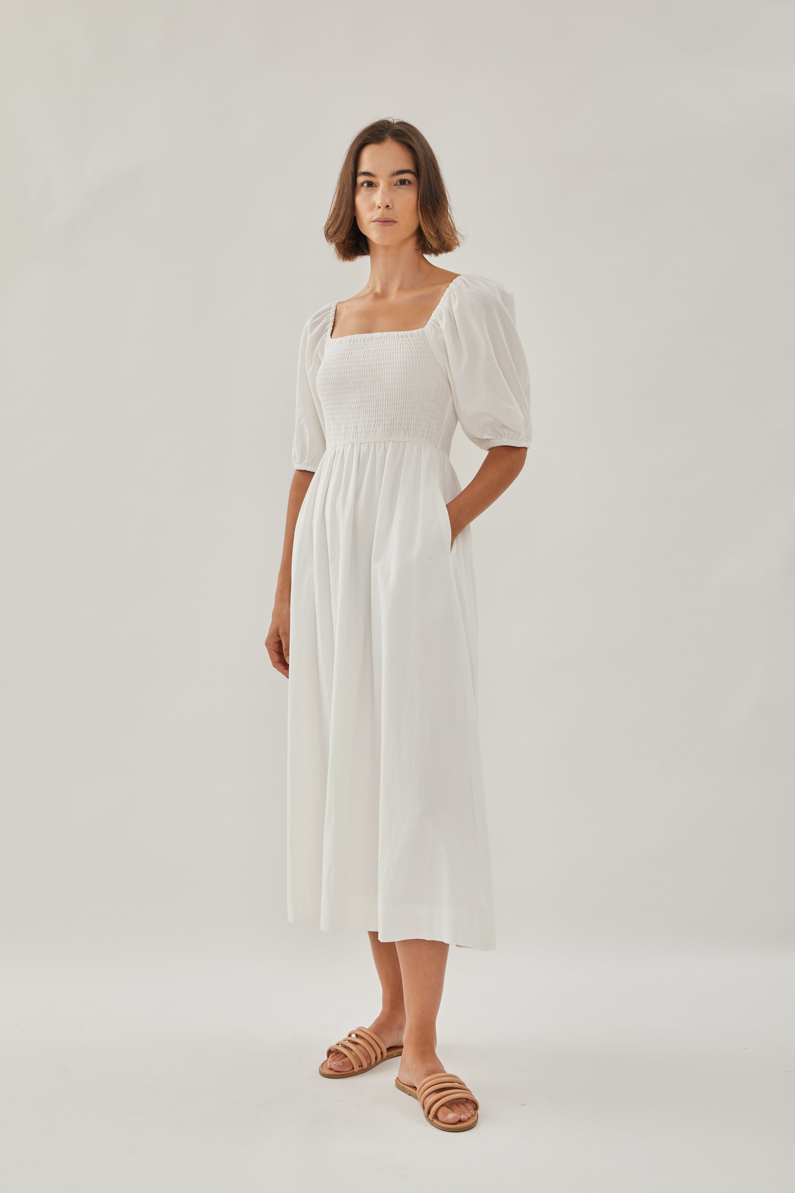 Puffed Sleeved Shirred Midi Dress in White