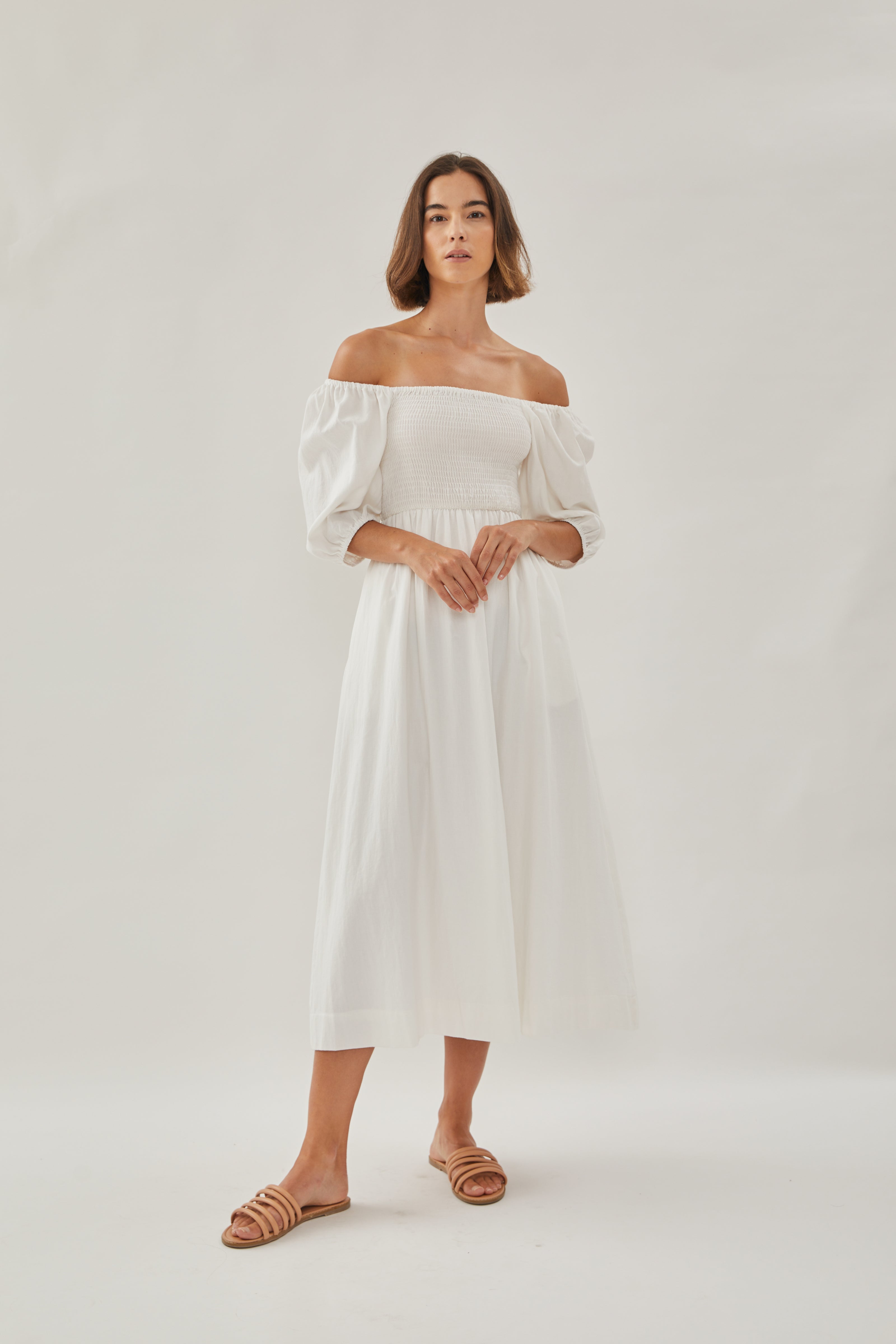 Puffed Sleeved Shirred Midi Dress in White