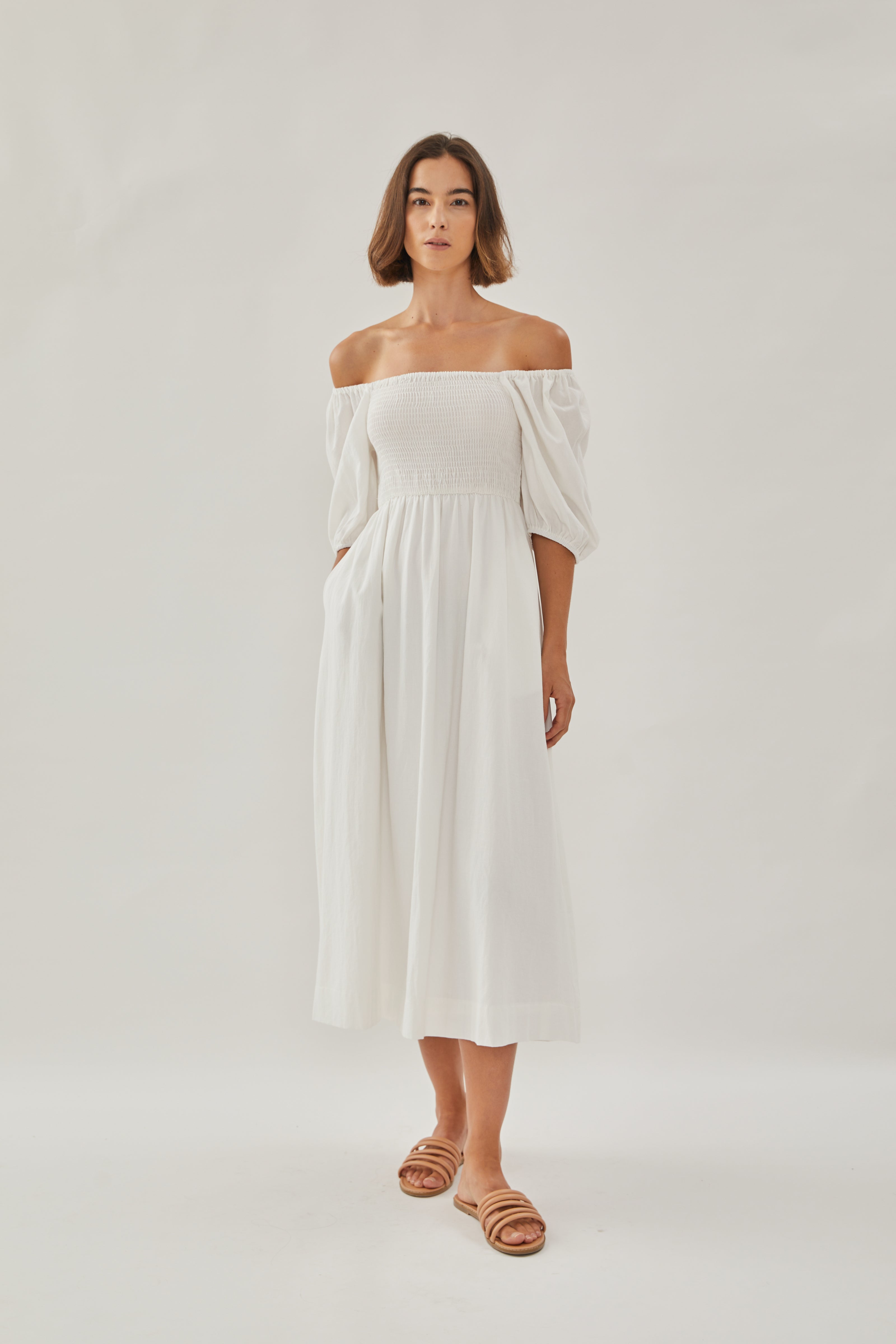 Puffed Sleeved Shirred Midi Dress in White