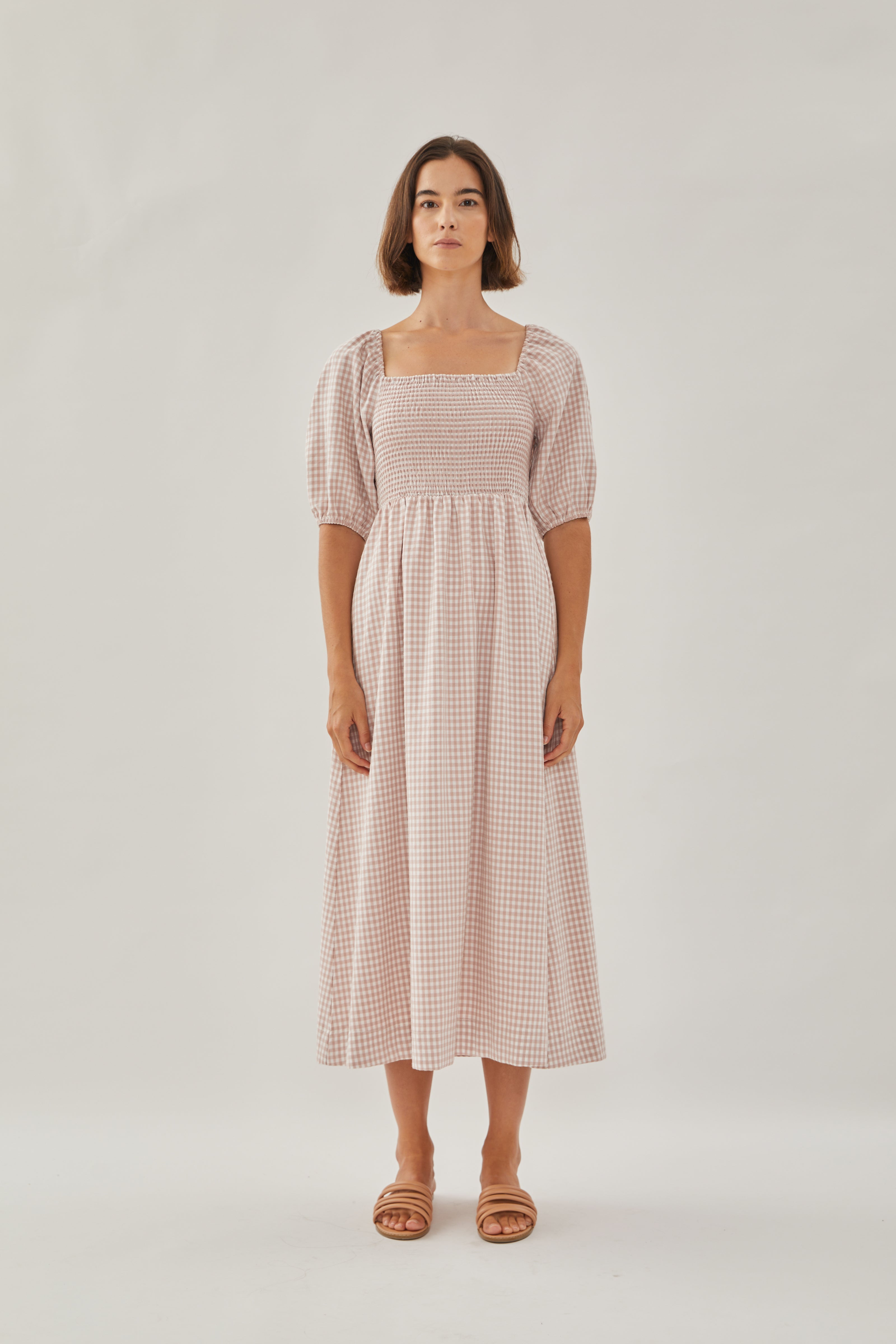 Puffed Sleeved Shirred Midi Dress in Gingham Pink